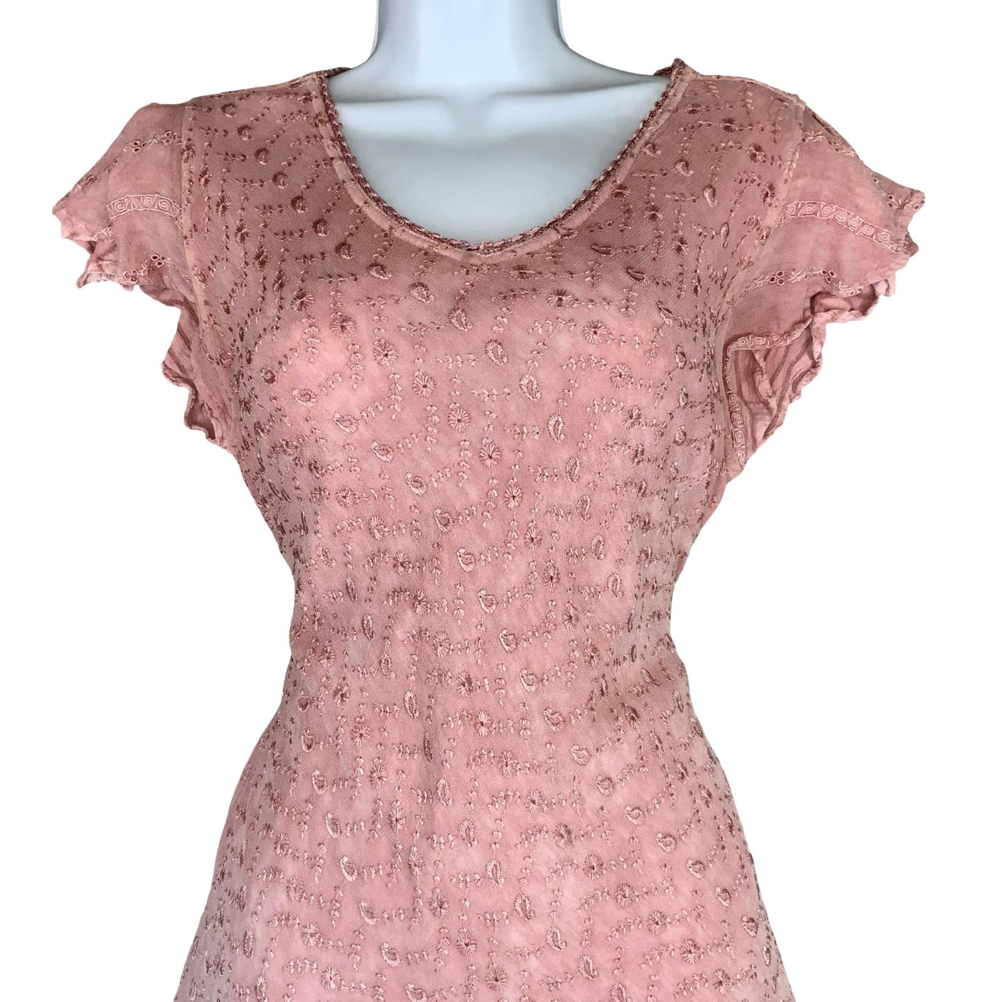 VTG 90s does 70s 'COLINE' PINK BOHO HIPPIE TIERED MIDI FLOWY TEXTURED DRESS XS 6