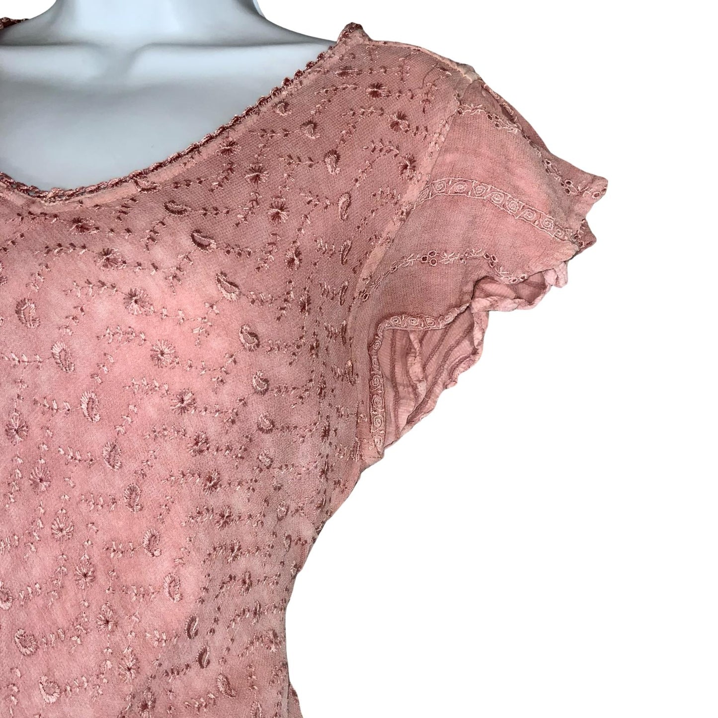VTG 90s does 70s 'COLINE' PINK BOHO HIPPIE TIERED MIDI FLOWY TEXTURED DRESS XS 6