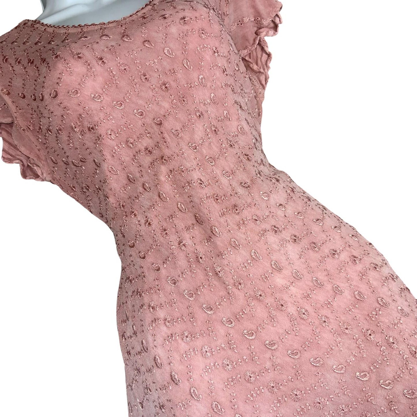 VTG 90s does 70s 'COLINE' PINK BOHO HIPPIE TIERED MIDI FLOWY TEXTURED DRESS XS 6