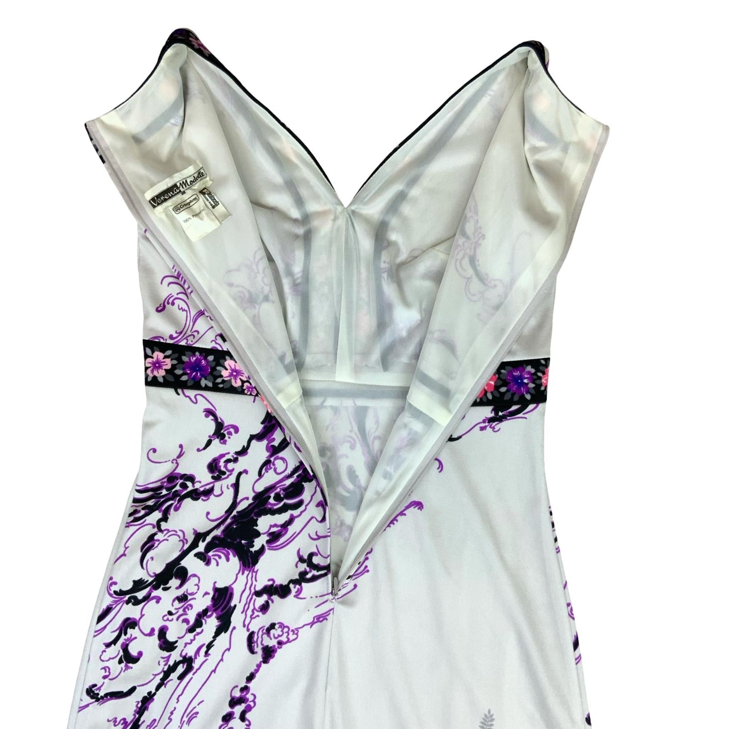 VTG 70s 'VERENA MODELLE' WHITE PINK PURPLE FLORAL FOLK BOHO MAXI DRESS XS 6