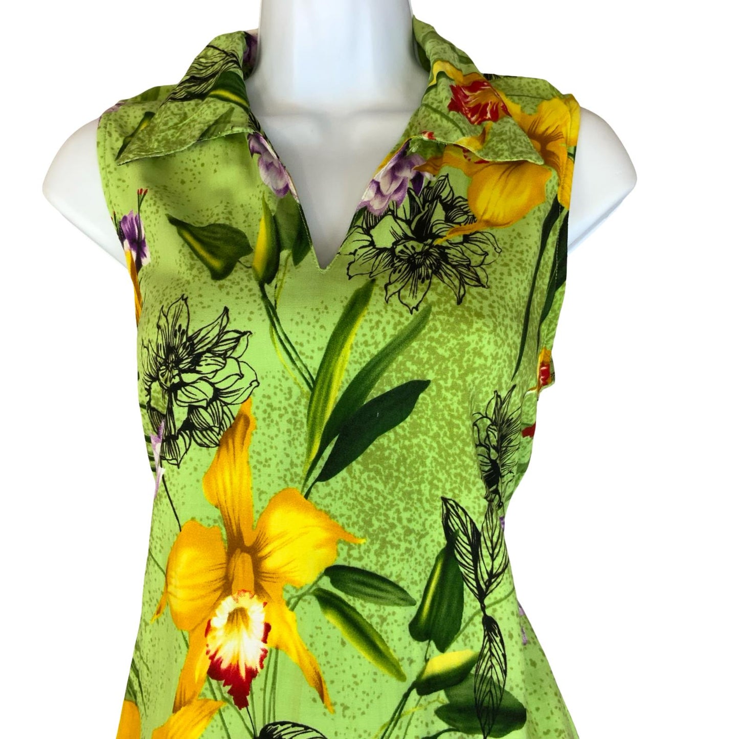 VTG 'DESERT SHORES' GREEN YELLOW SUMMER BEACH FLORAL SLEEVELESS MAXI DRESS S