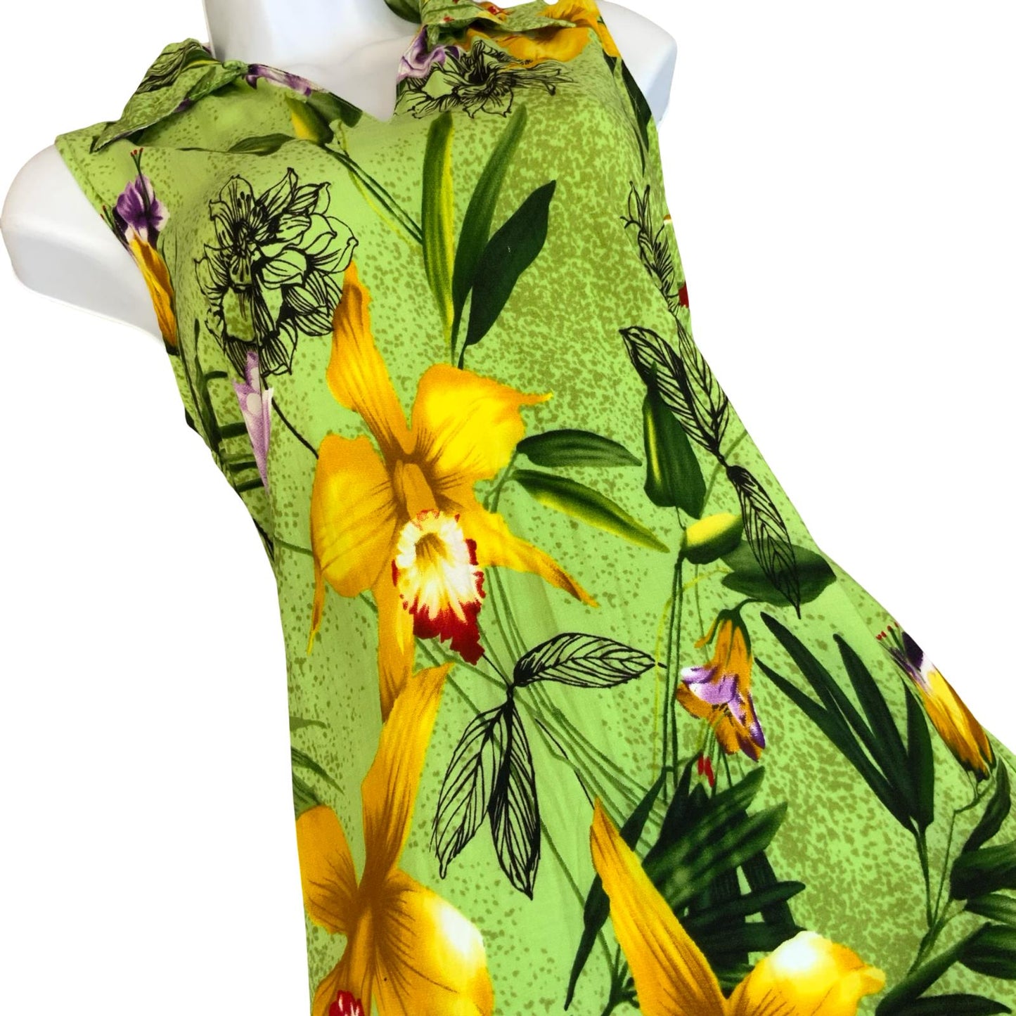 VTG 'DESERT SHORES' GREEN YELLOW SUMMER BEACH FLORAL SLEEVELESS MAXI DRESS S