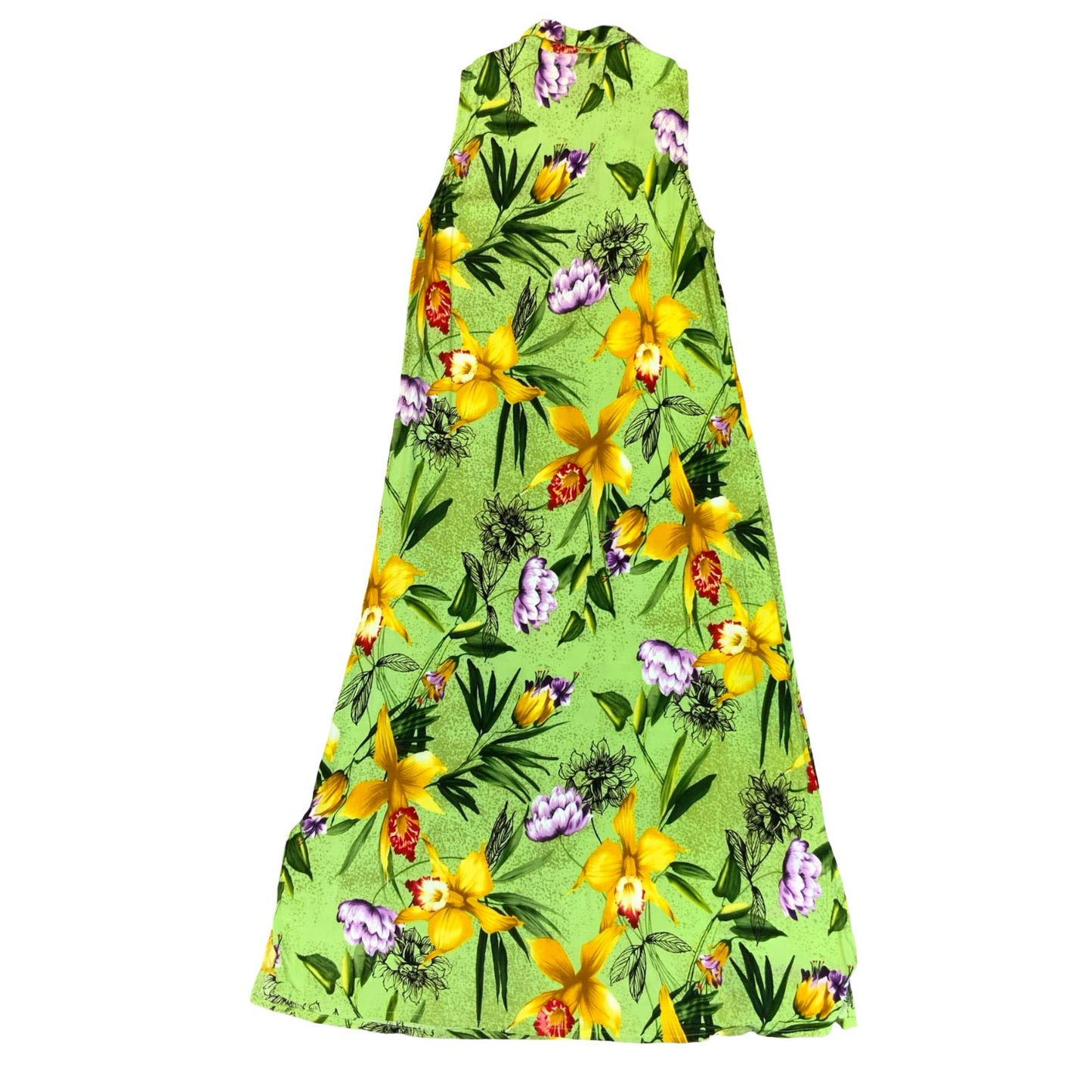 VTG 'DESERT SHORES' GREEN YELLOW SUMMER BEACH FLORAL SLEEVELESS MAXI DRESS S