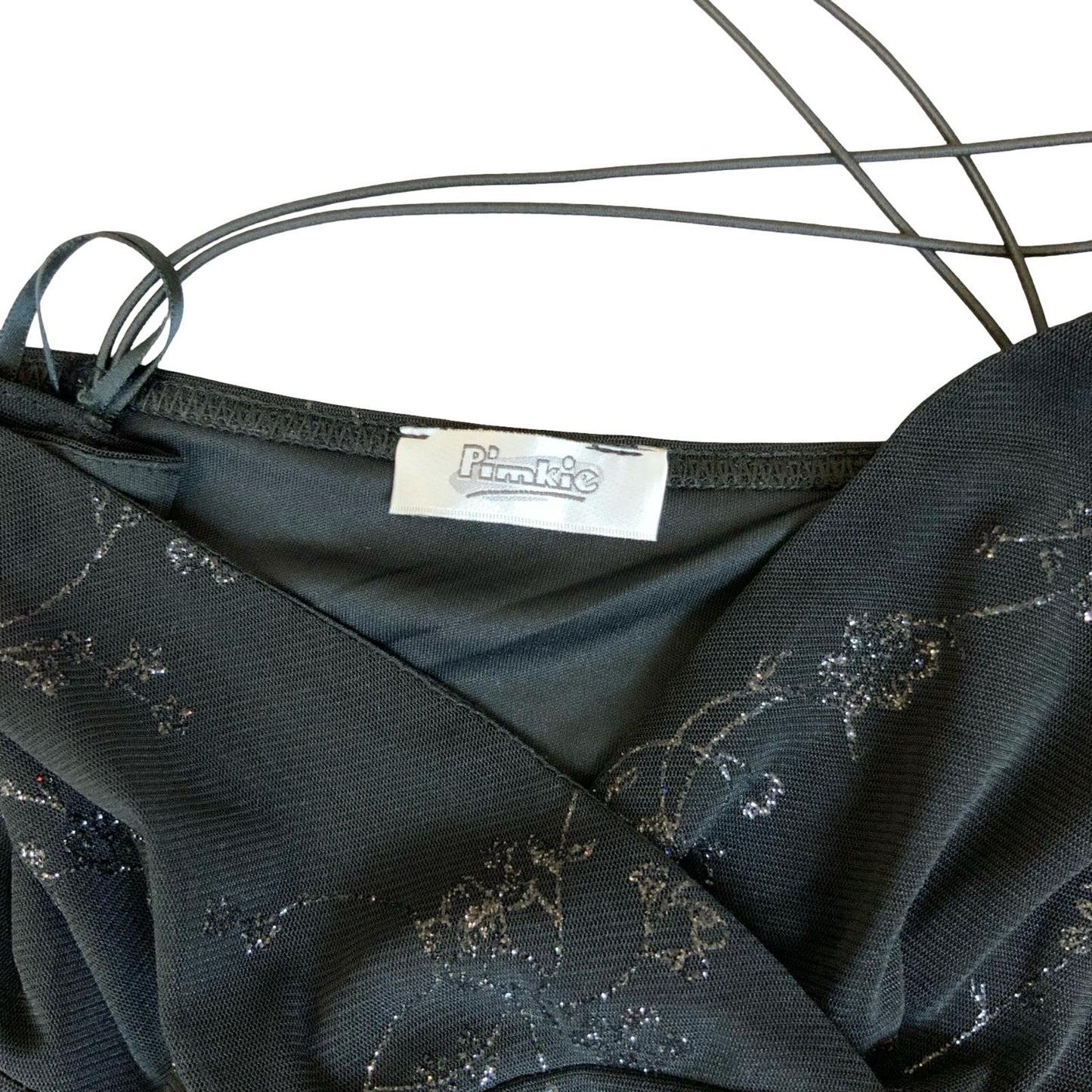 VTG 90s Y2K 'PIMKIE' BLACK GLITTER SILVER STRAPPY MINI GRUNGE FAIRIE DRESS XS