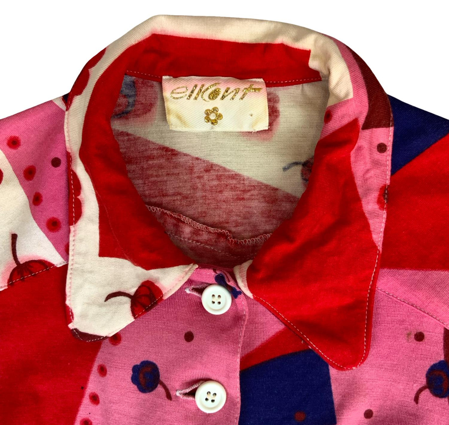 VTG 70s 'ELKONT' RED WHITE PINK FAUX PATCHWORK CROPPED SHIRT BLOUSE S 8
