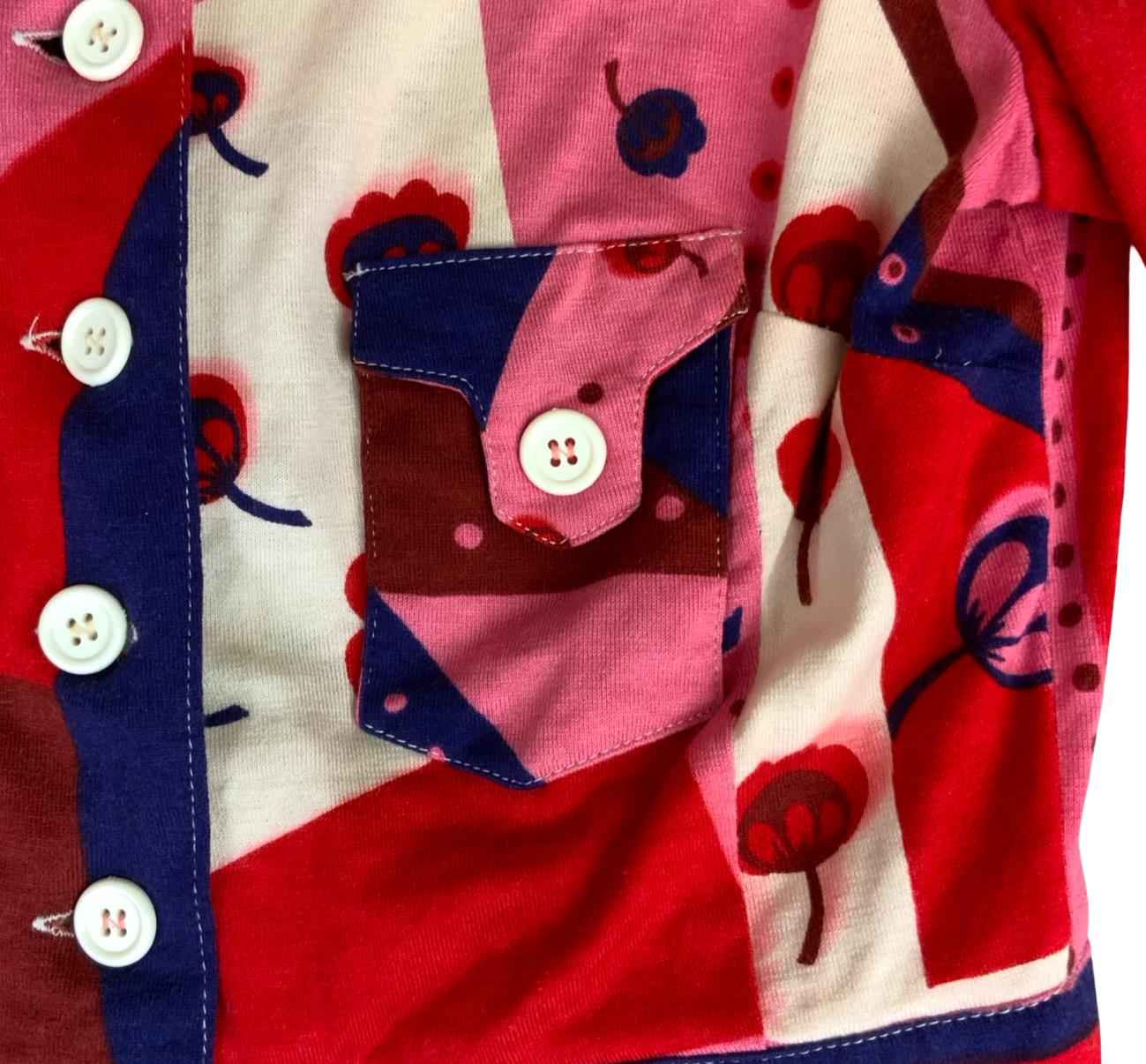 VTG 70s 'ELKONT' RED WHITE PINK FAUX PATCHWORK CROPPED SHIRT BLOUSE S 8