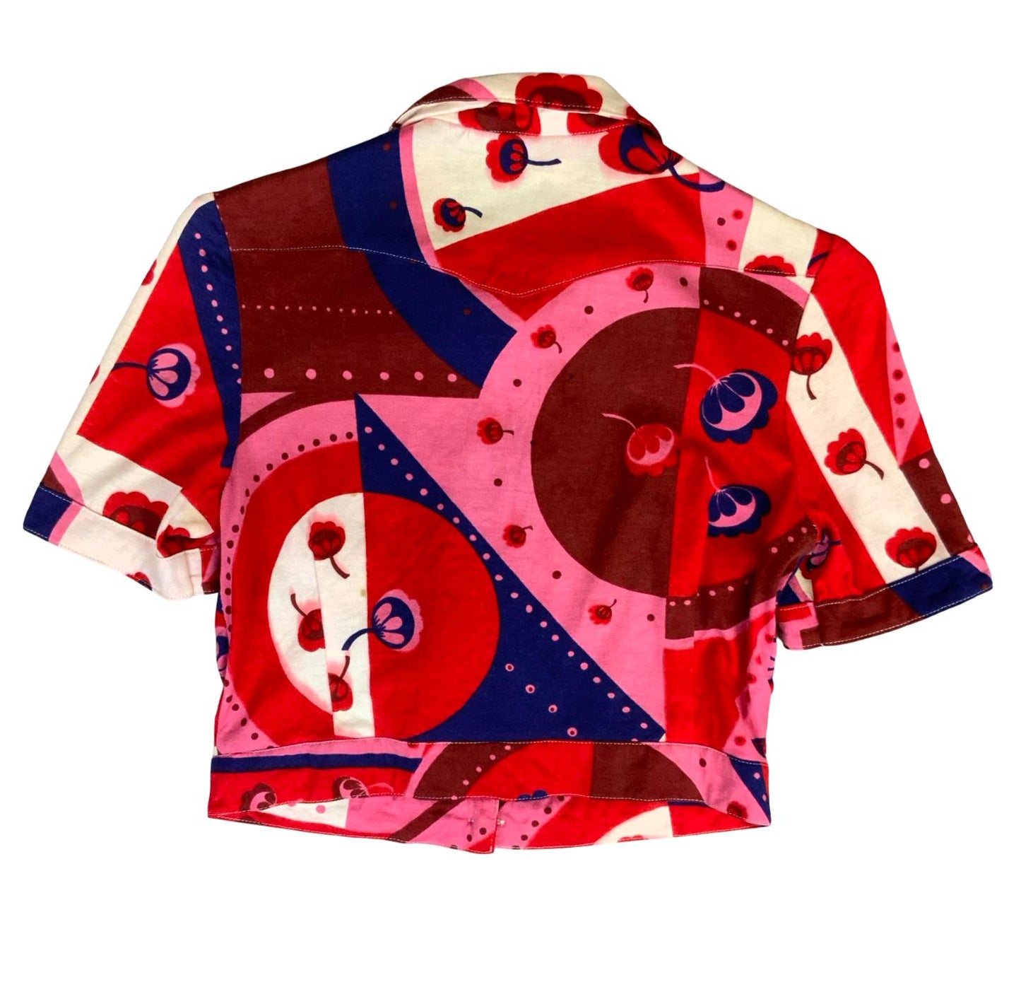 VTG 70s 'ELKONT' RED WHITE PINK FAUX PATCHWORK CROPPED SHIRT BLOUSE S 8