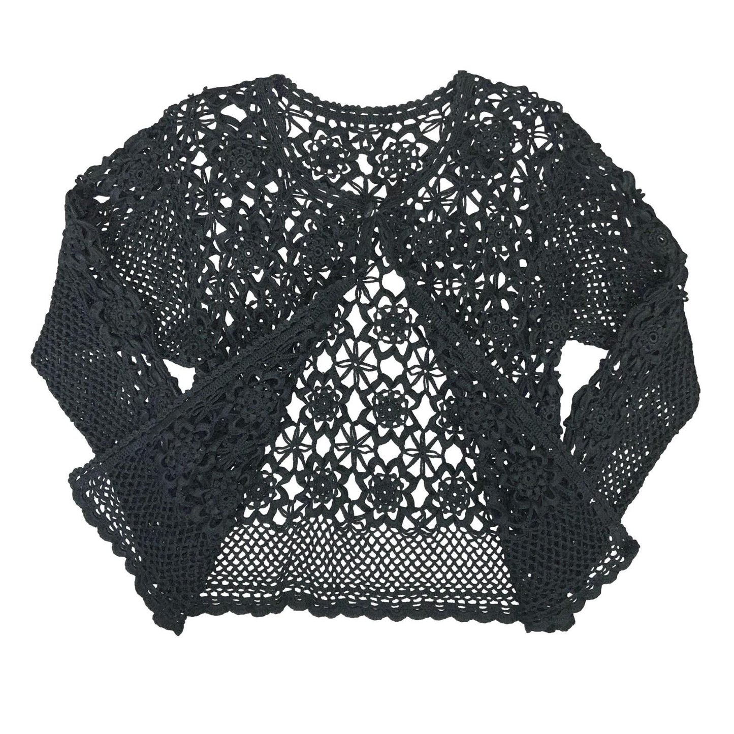 VTG BLACK CROCHET GOTHIC KNIT LACE CHAINMAIL FLORAL CUT-OUT NET CARDIGAN S 8 10
