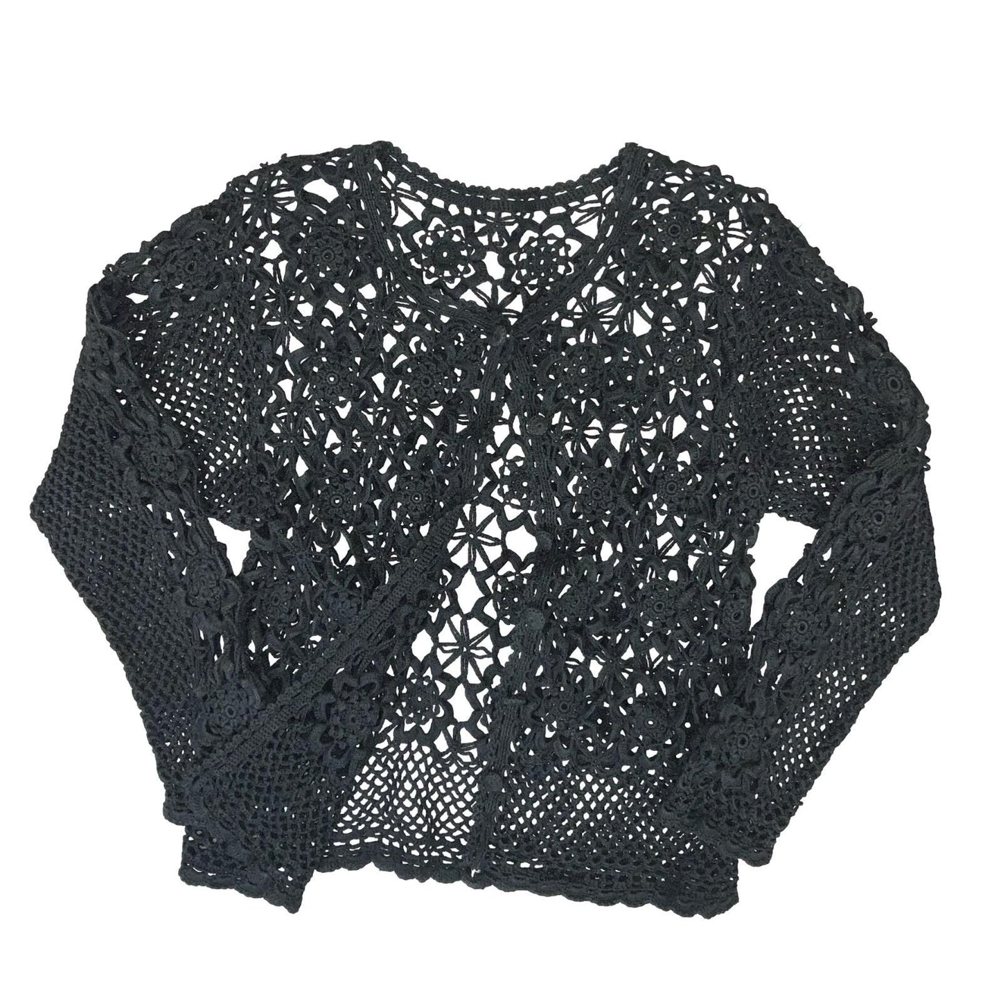 VTG BLACK CROCHET GOTHIC KNIT LACE CHAINMAIL FLORAL CUT-OUT NET CARDIGAN S 8 10