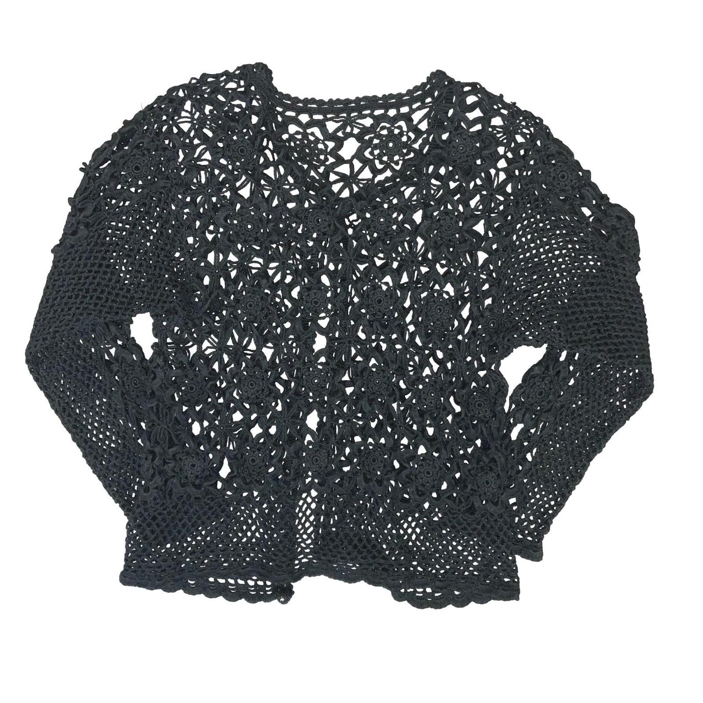 VTG BLACK CROCHET GOTHIC KNIT LACE CHAINMAIL FLORAL CUT-OUT NET CARDIGAN S 8 10