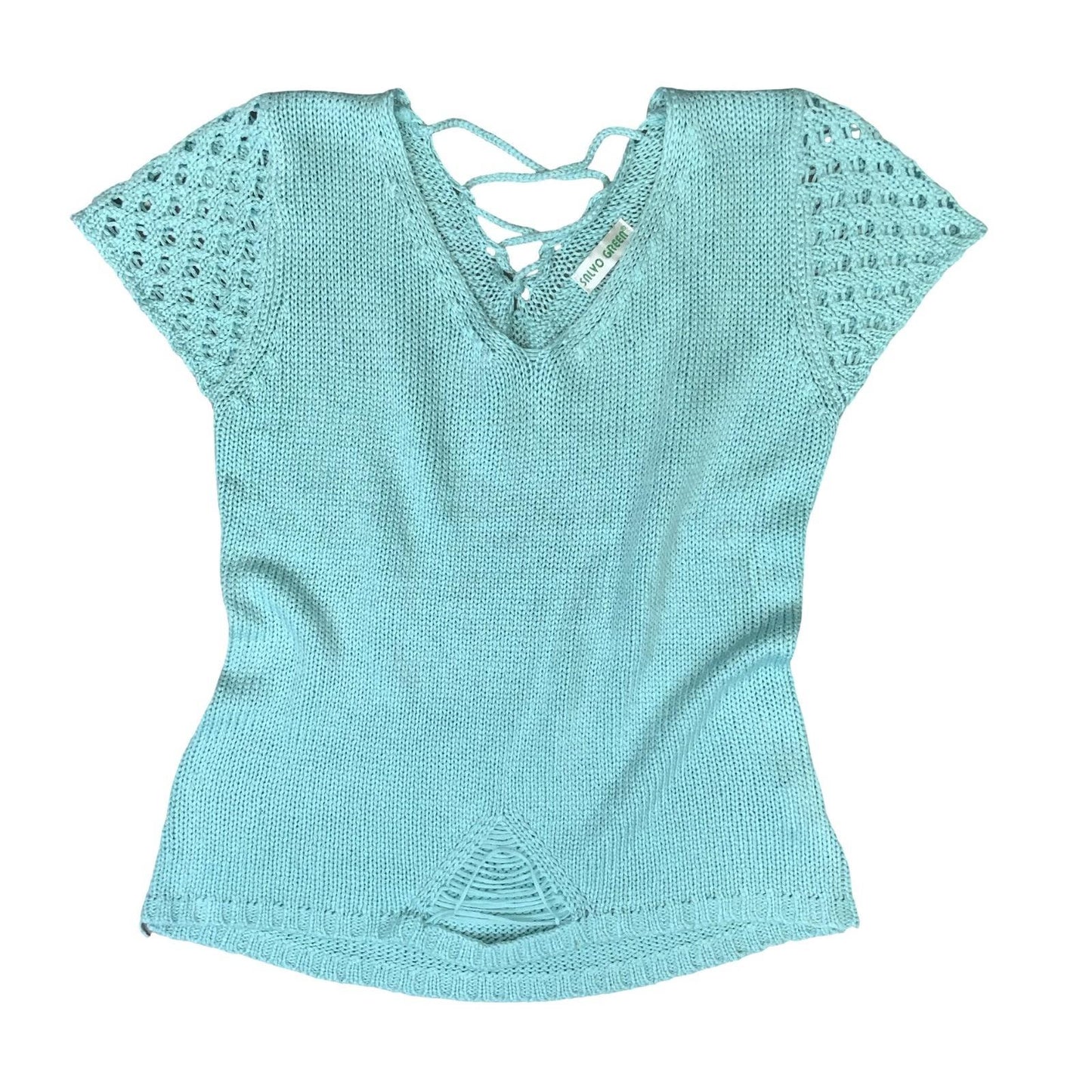 Y2K 'SALVO GREEN' LIGHT BLUE DISTRESSED V-NECK KNITTED SHORT SLEEVED TOP S 10