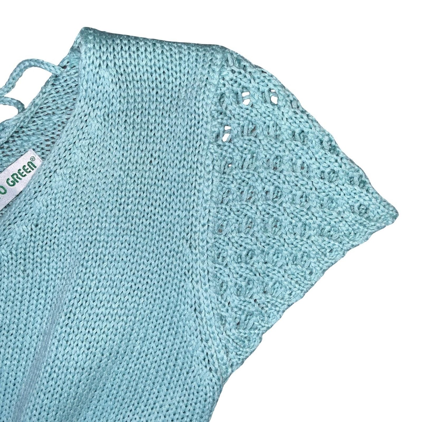 Y2K 'SALVO GREEN' LIGHT BLUE DISTRESSED V-NECK KNITTED SHORT SLEEVED TOP S 10