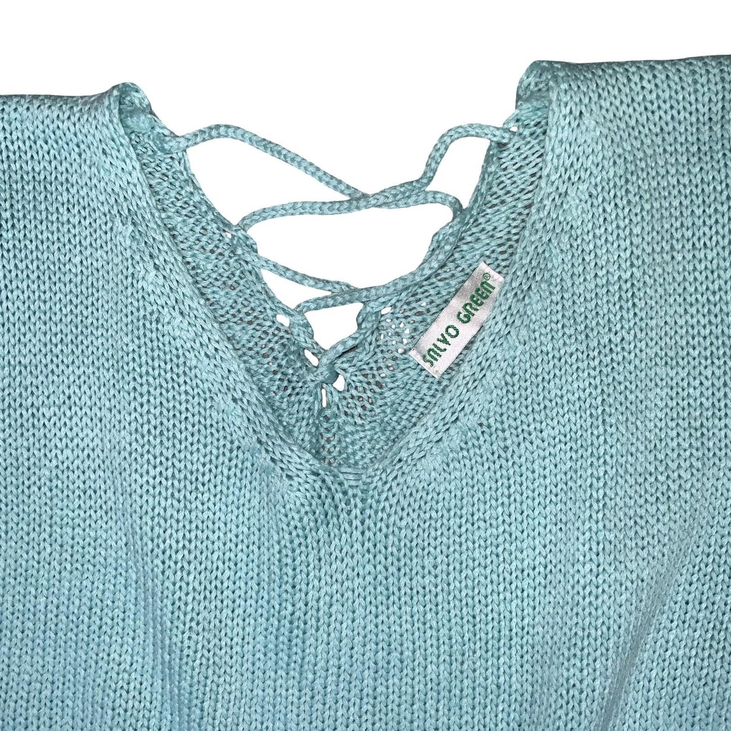 Y2K 'SALVO GREEN' LIGHT BLUE DISTRESSED V-NECK KNITTED SHORT SLEEVED TOP S 10