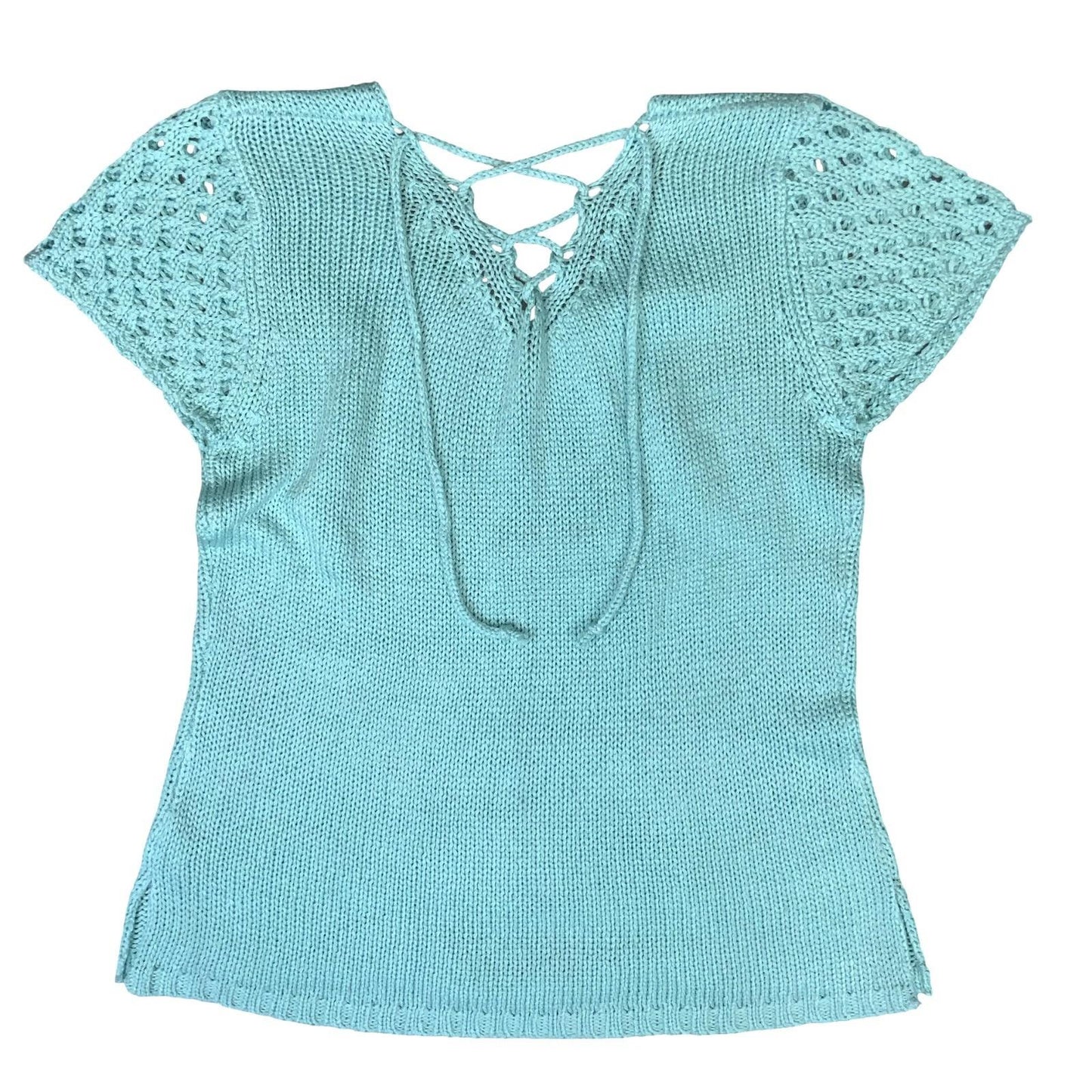 Y2K 'SALVO GREEN' LIGHT BLUE DISTRESSED V-NECK KNITTED SHORT SLEEVED TOP S 10