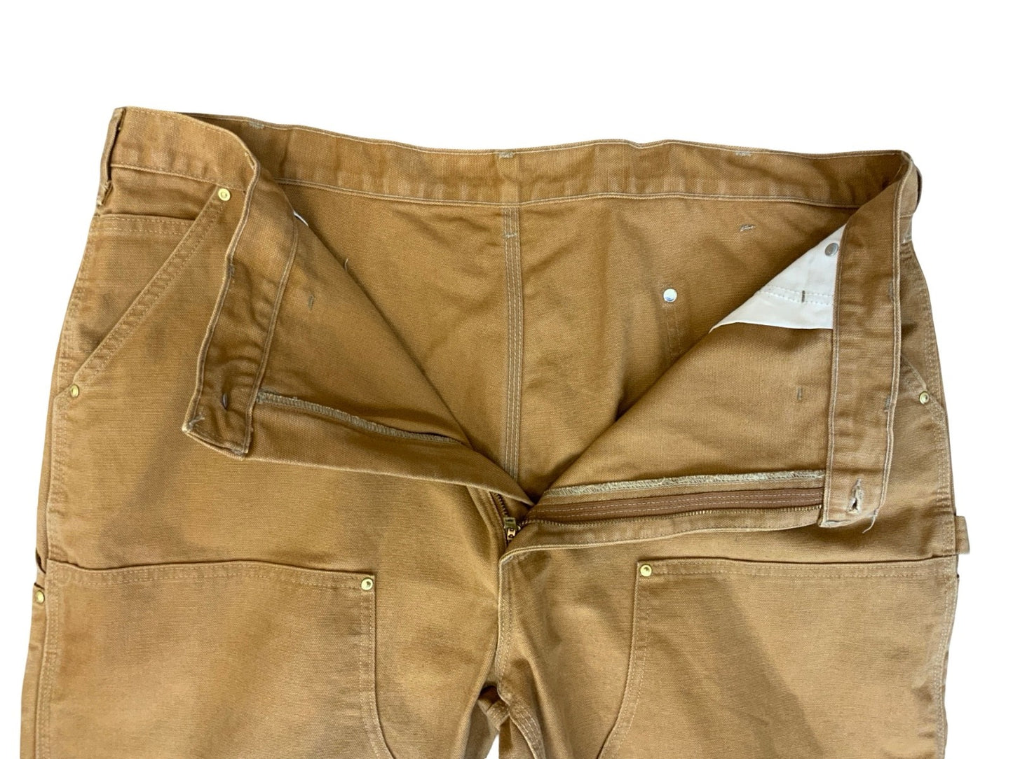 VTG USA CARHARTT DOUBLE KNEE DUCK CANVAS TAN WORKWEAR TROUSERS VGC W42” L32”