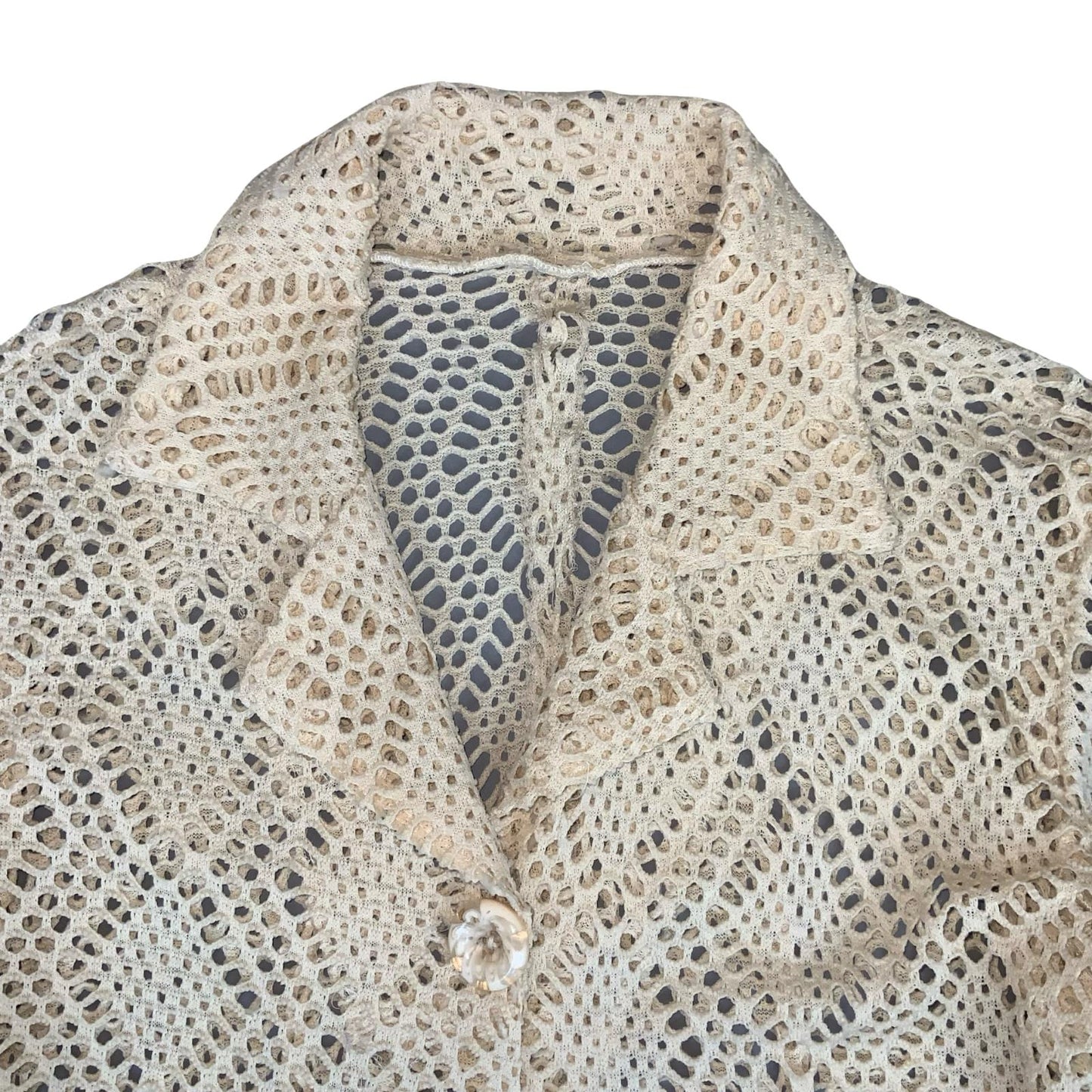 VTG 70s CROCHET KNIT CREAM BOHO RETRO CARDIGAN OVERCOAT DRESS JACKET M 12
