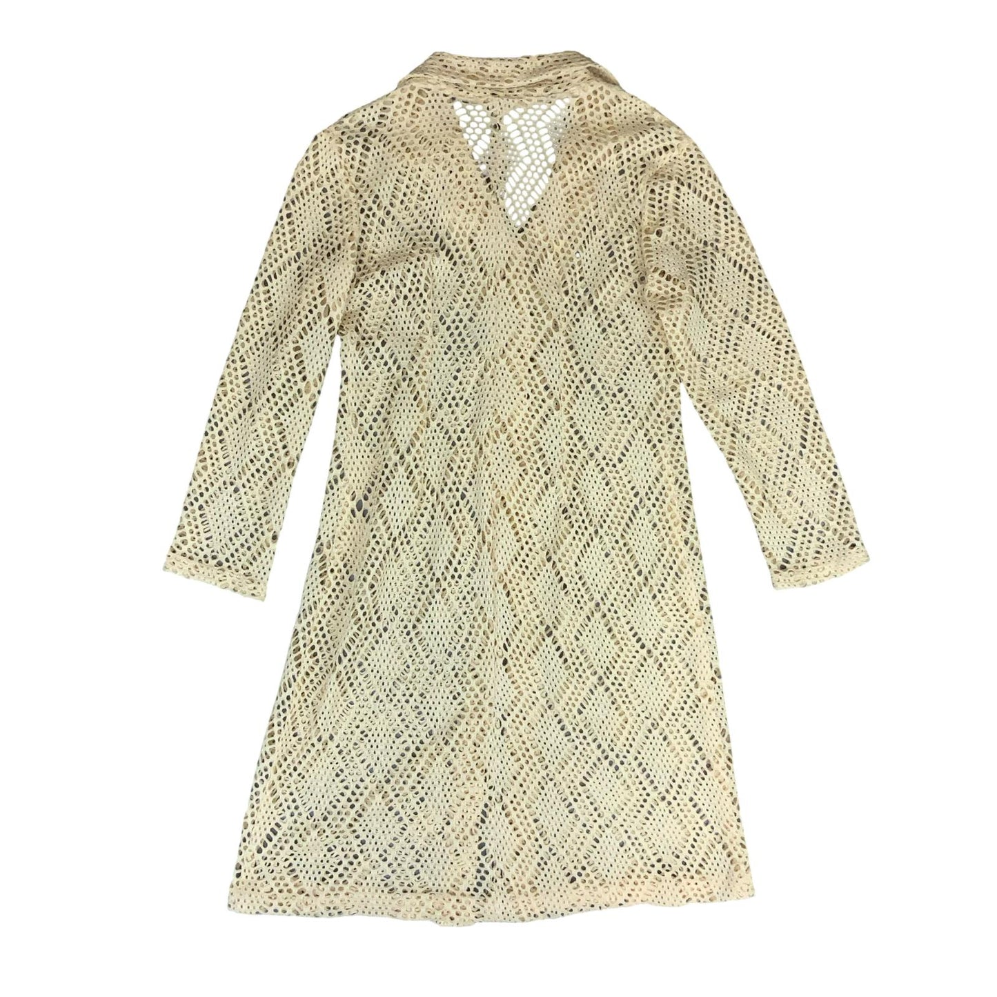 VTG 70s CROCHET KNIT CREAM BOHO RETRO CARDIGAN OVERCOAT DRESS JACKET M 12