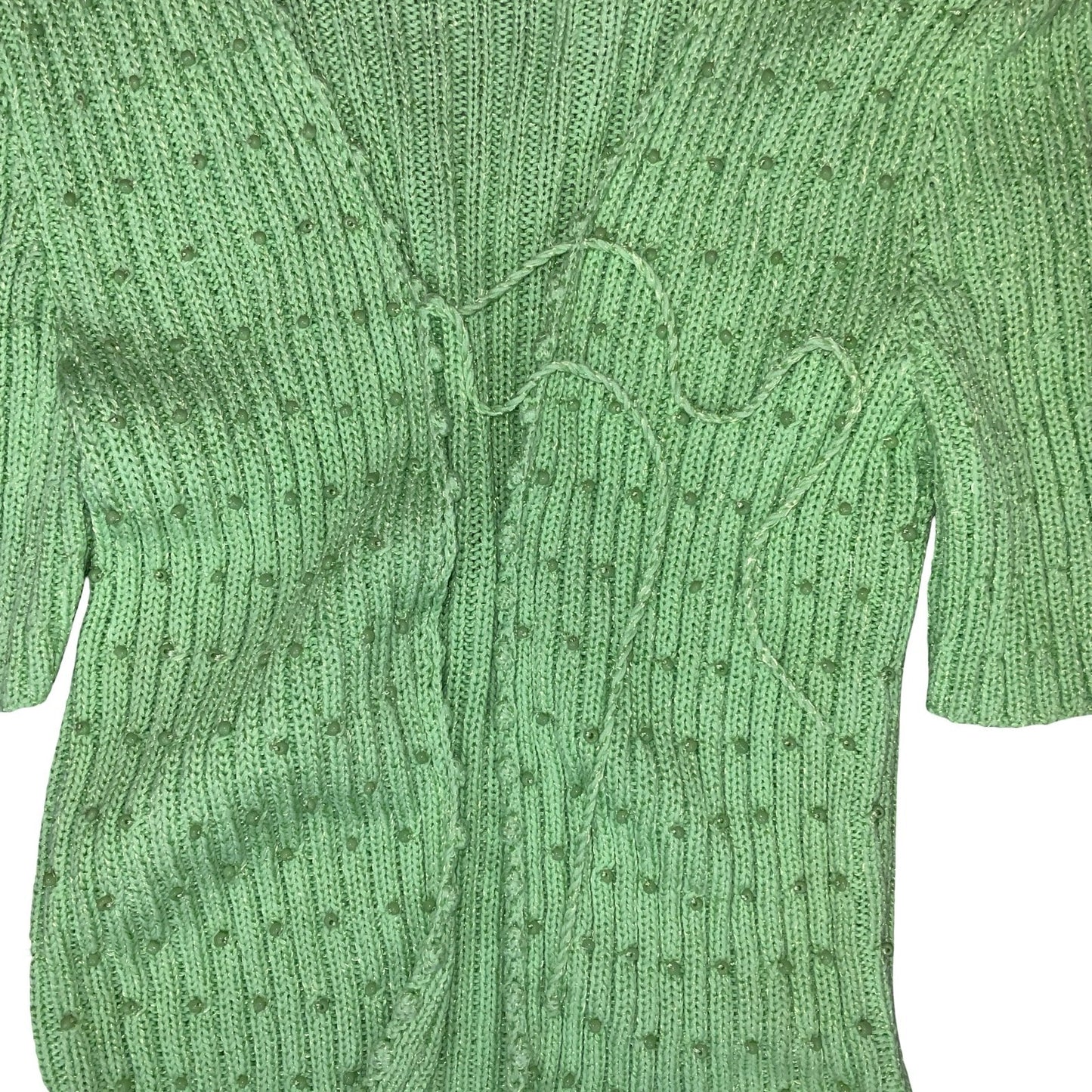 VTG 90s y2k GREEN V-NECK TIE-UP BEADED SHORT SLEEVED STRETCHY KNIT CARDIGAN M 12