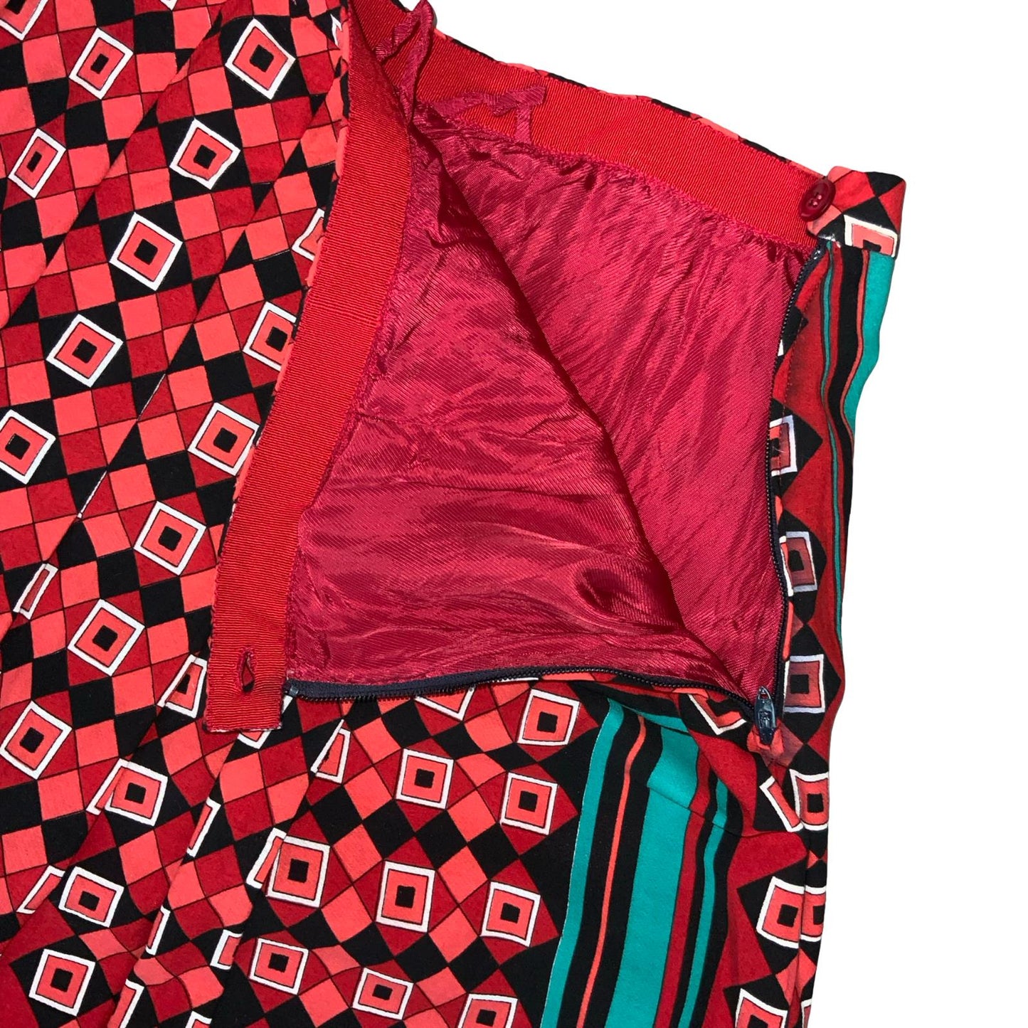 80s RED TEAL GREEN BLACK GEOMETRIC STRIPE PATTERNED PLEATED MIDI SKIRT S 10