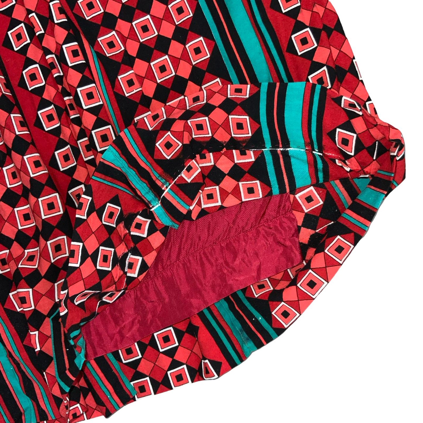 80s RED TEAL GREEN BLACK GEOMETRIC STRIPE PATTERNED PLEATED MIDI SKIRT S 10
