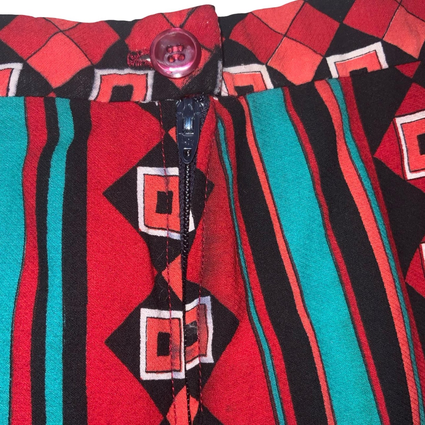 80s RED TEAL GREEN BLACK GEOMETRIC STRIPE PATTERNED PLEATED MIDI SKIRT S 10