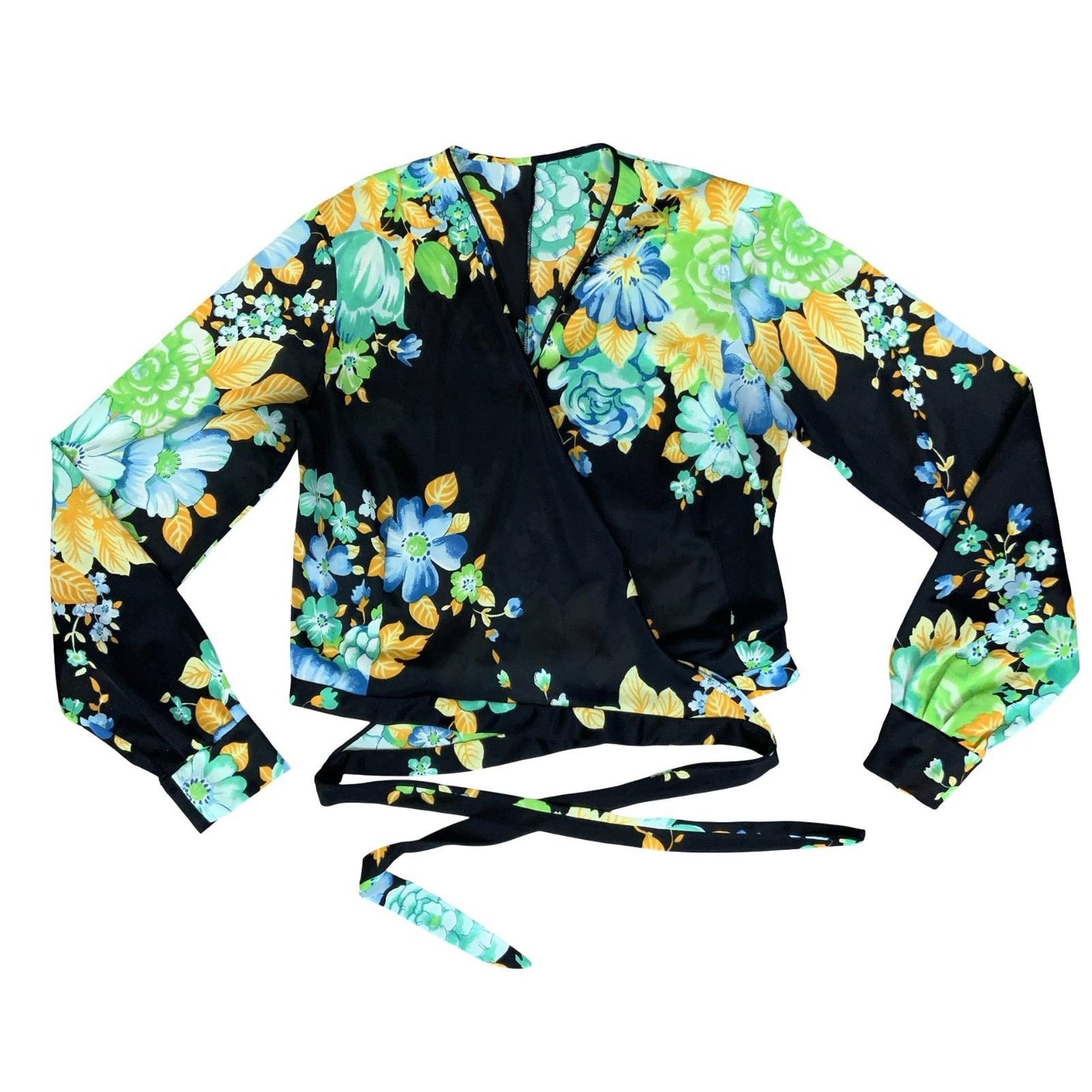 BLACK GREEN YELLOW FLORAL CROPPED BOLERO STYLE TIE-UP BLOUSE XS 6