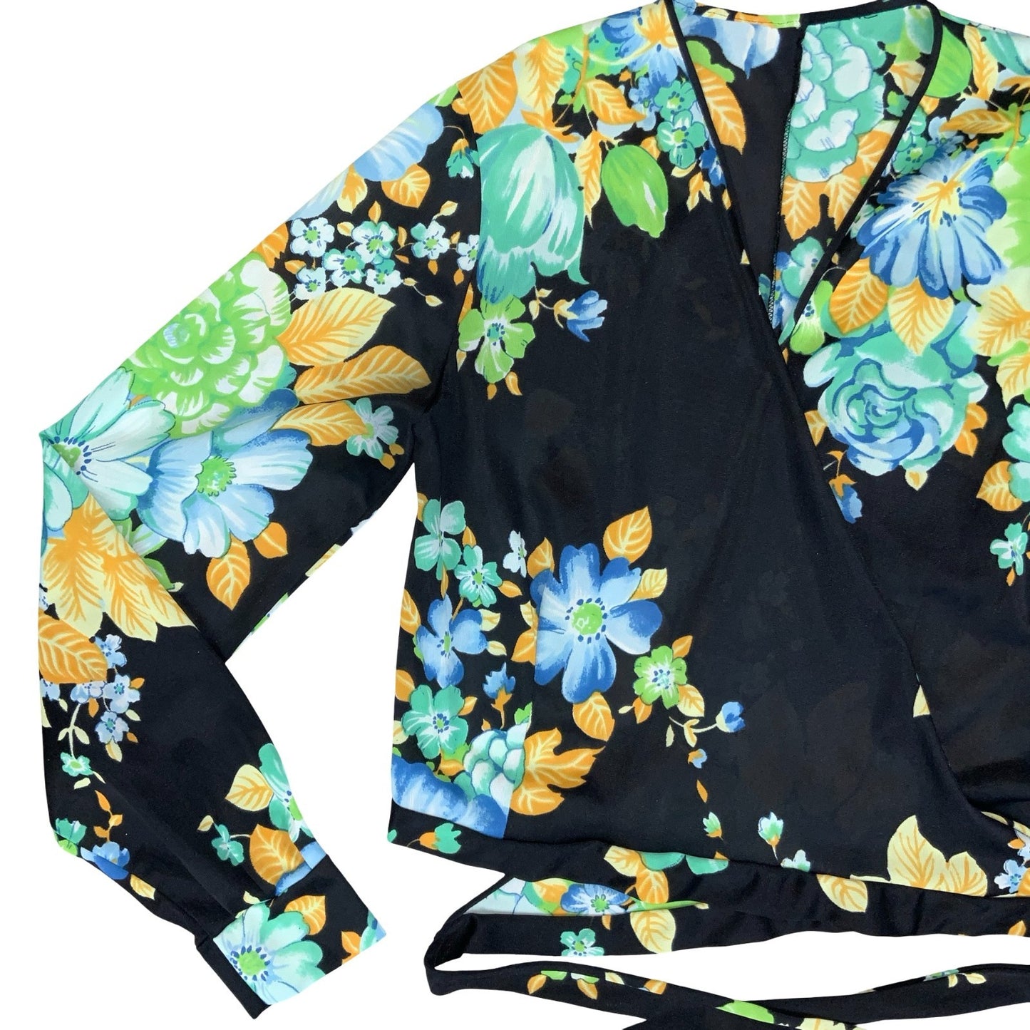 BLACK GREEN YELLOW FLORAL CROPPED BOLERO STYLE TIE-UP BLOUSE XS 6