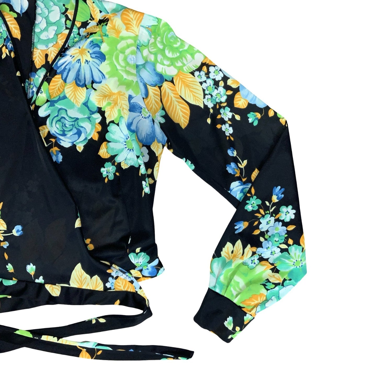 BLACK GREEN YELLOW FLORAL CROPPED BOLERO STYLE TIE-UP BLOUSE XS 6