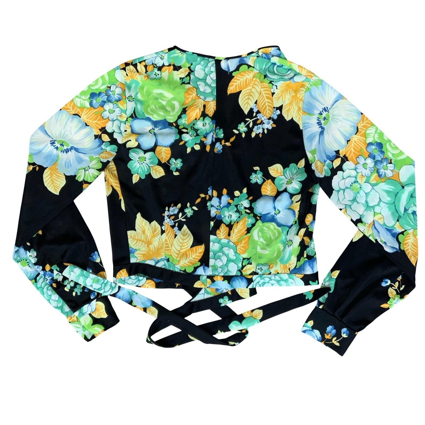 BLACK GREEN YELLOW FLORAL CROPPED BOLERO STYLE TIE-UP BLOUSE XS 6