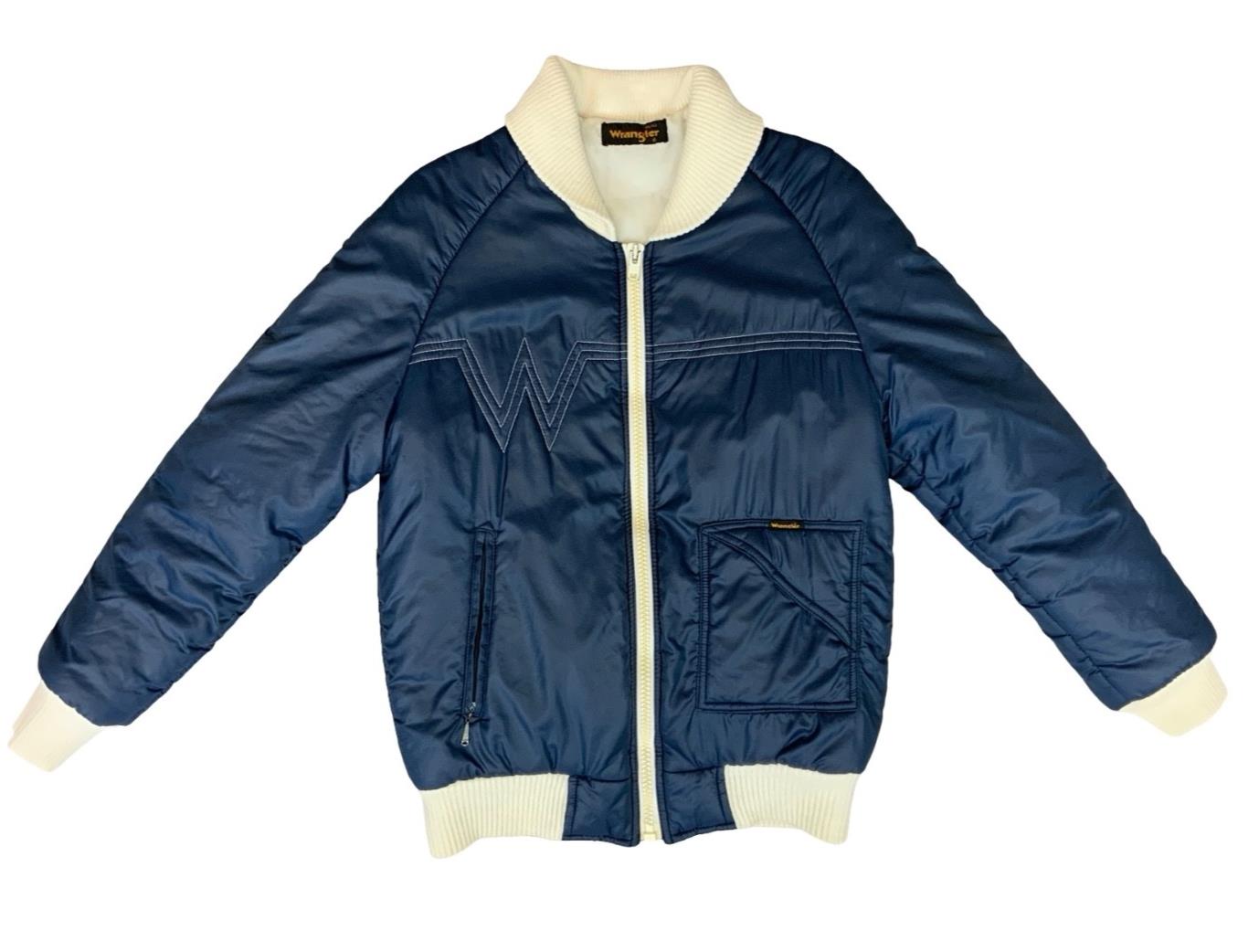 RARE VTG 1970s WRANGLER ZIP UP PADDED BOMBER JACKET RALEIGH CHOPPER NAVY SMALL
