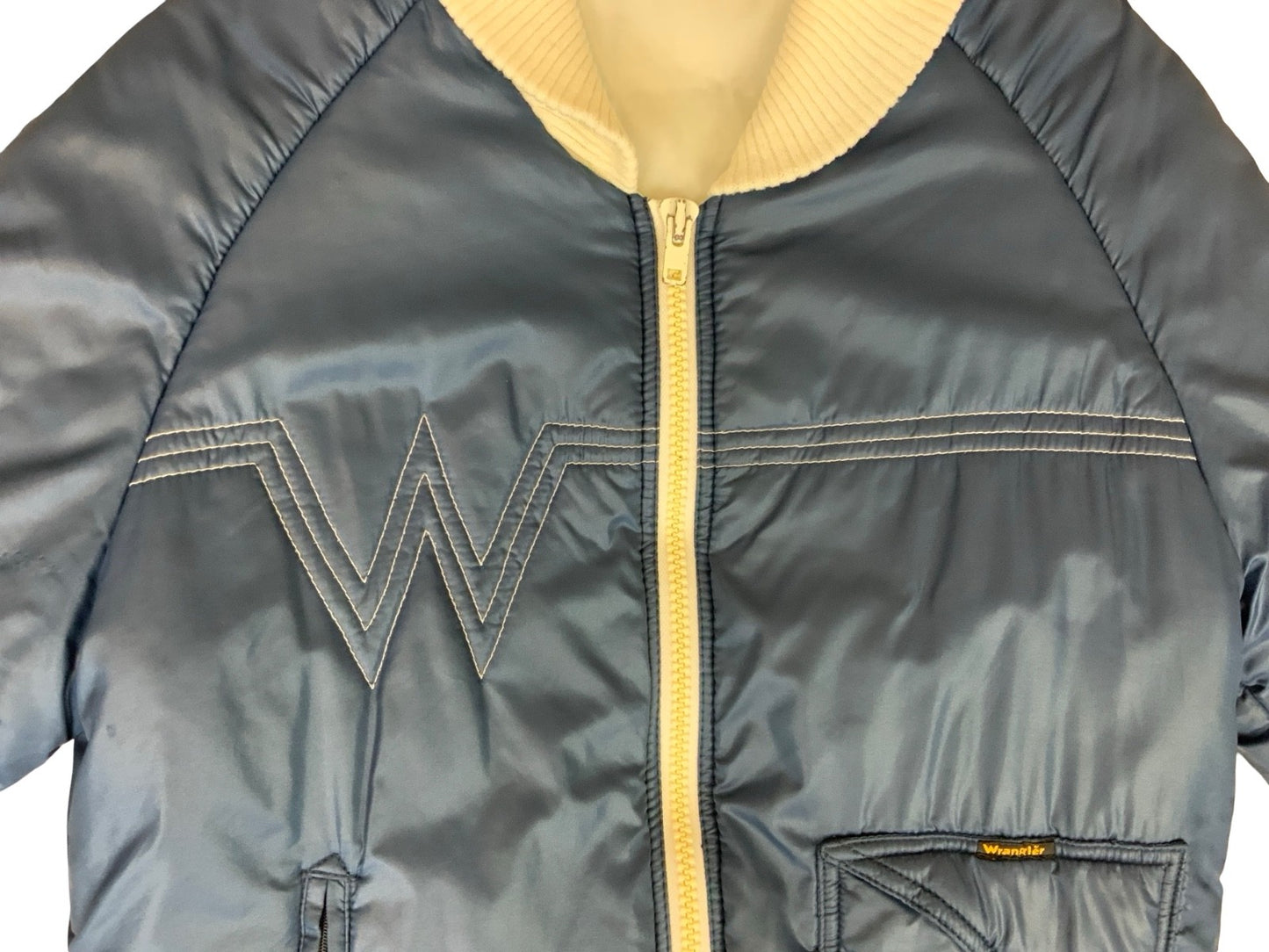 RARE VTG 1970s WRANGLER ZIP UP PADDED BOMBER JACKET RALEIGH CHOPPER NAVY SMALL