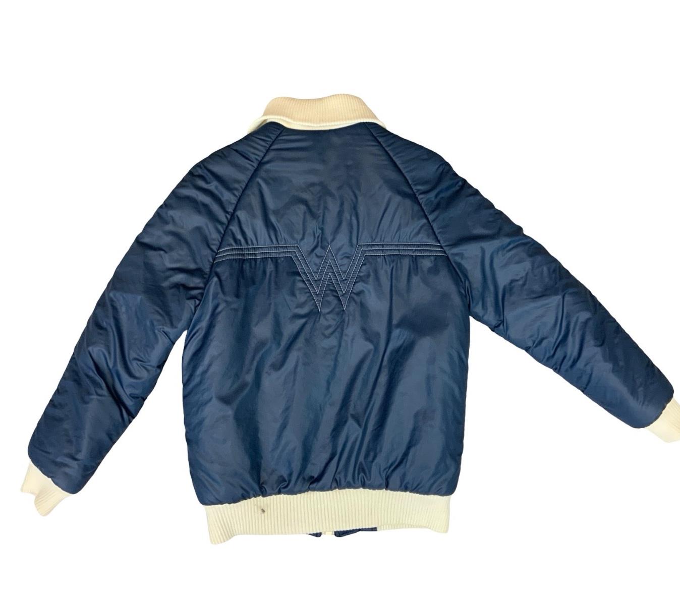 RARE VTG 1970s WRANGLER ZIP UP PADDED BOMBER JACKET RALEIGH CHOPPER NAVY SMALL