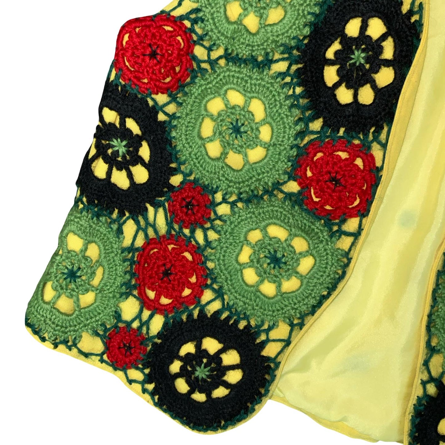 VTG GREEN RED BLACK YELLOW CROCHET FLORAL BOHO HIPPIE FESTIVAL WAISTCOAT S 10