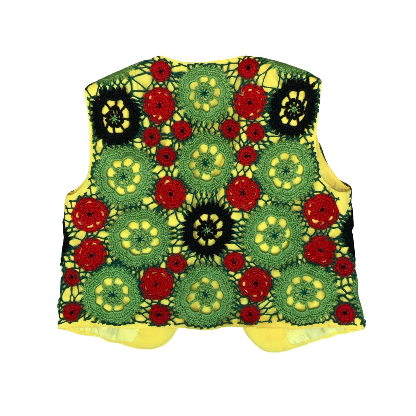 VTG GREEN RED BLACK YELLOW CROCHET FLORAL BOHO HIPPIE FESTIVAL WAISTCOAT S 10