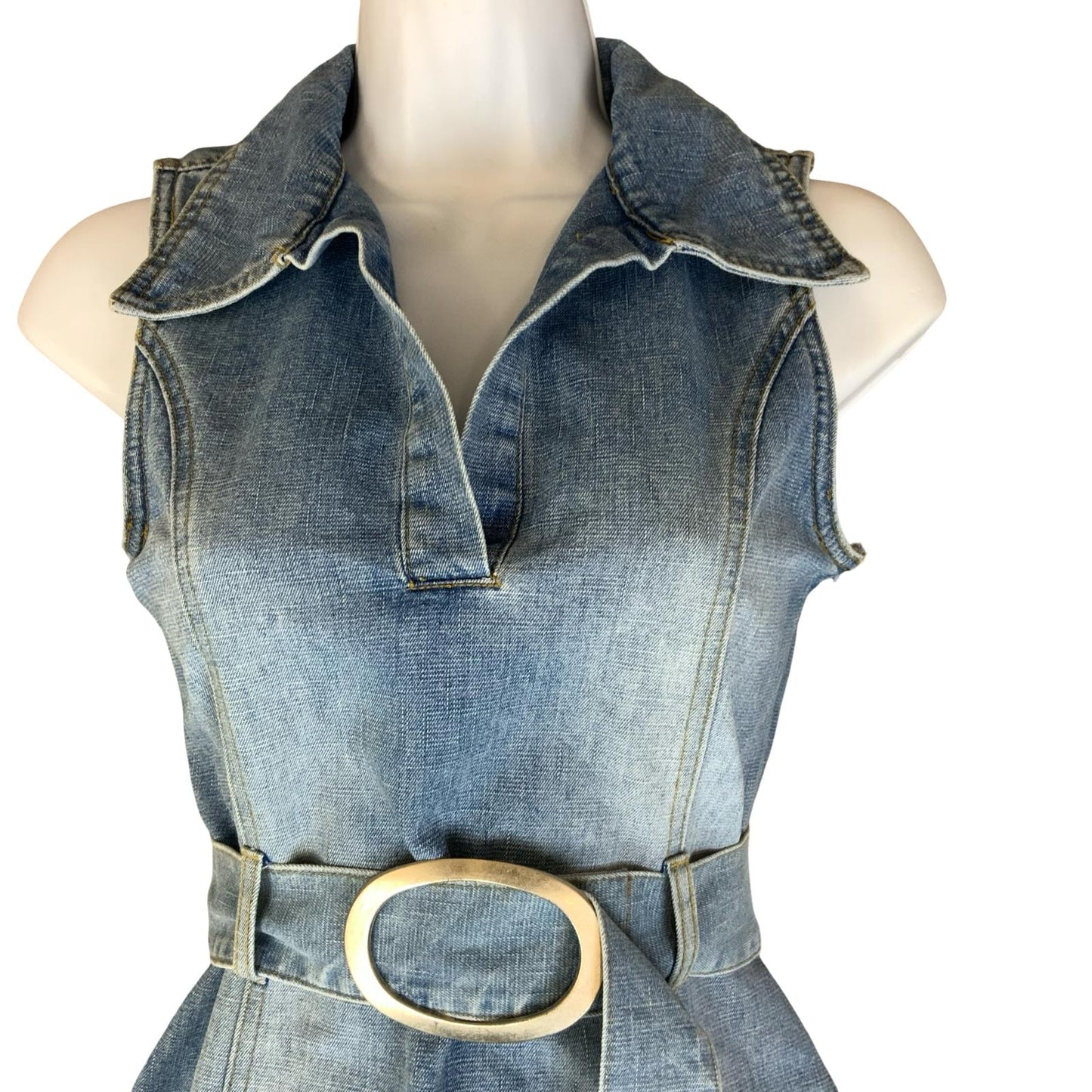 VTG 90s y2k 'ONE ONE' BLUE STONE WASH DENIM COLLARED MINI MOD GOGO DRESS XS 6