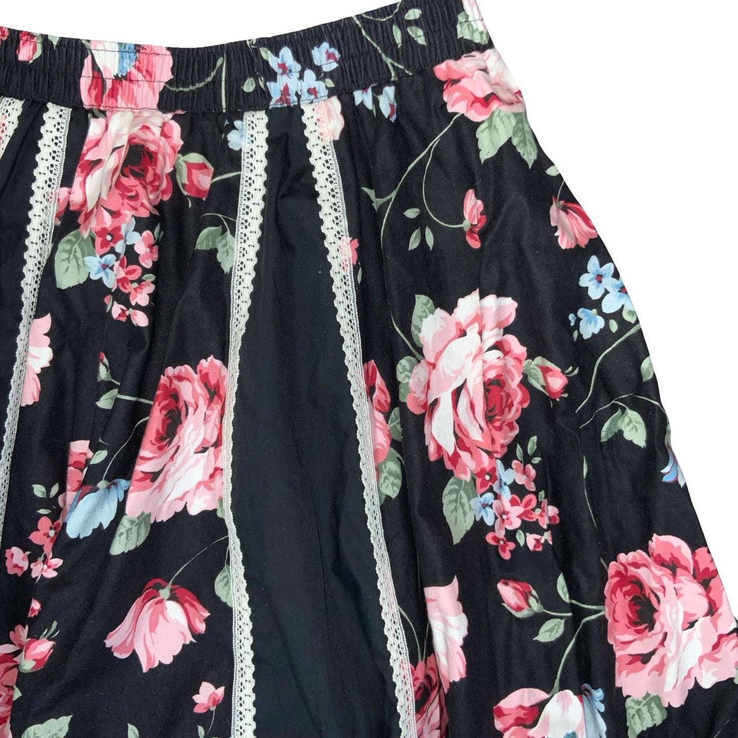 VTG 90s y2k BLACK PINK ROSE FLORAL FRILL A-LINE MIDI SKIRT S 10