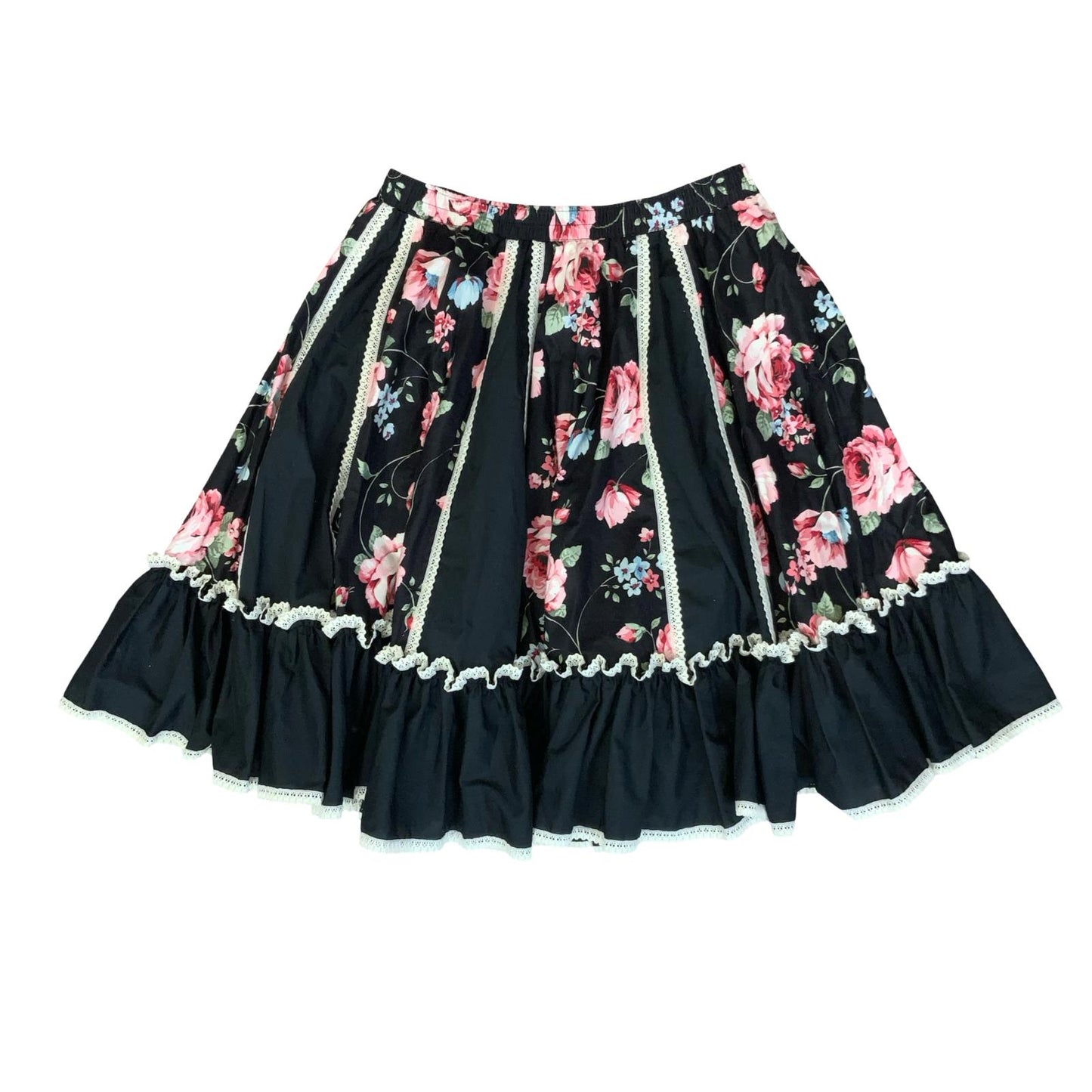 VTG 90s y2k BLACK PINK ROSE FLORAL FRILL A-LINE MIDI SKIRT S 10