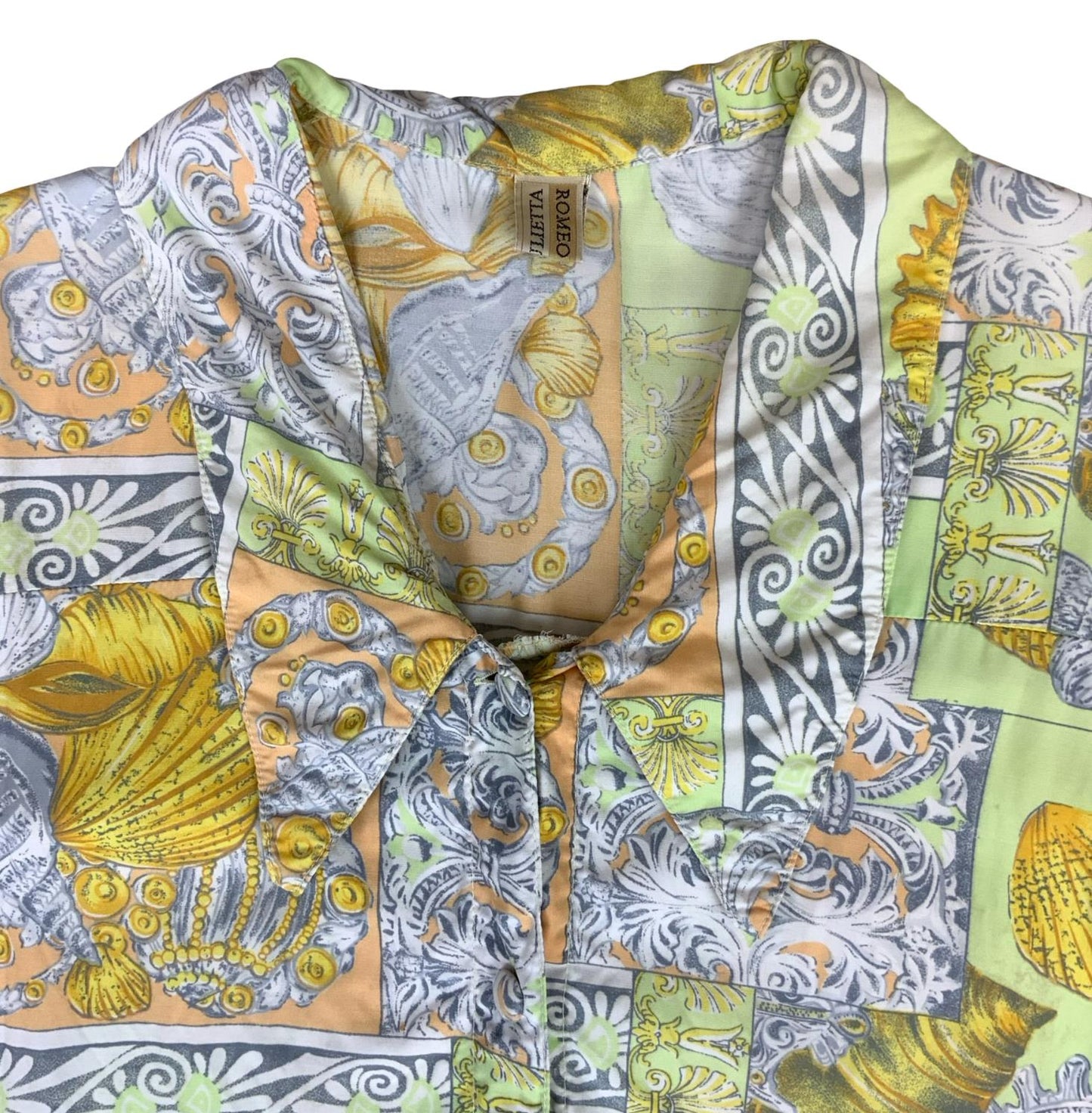 VTG 90s 'ROMEO & GIULIETTA" GREEN YELLOW SEASIDE SUMMER HOLIDAY BLOUSE L 16