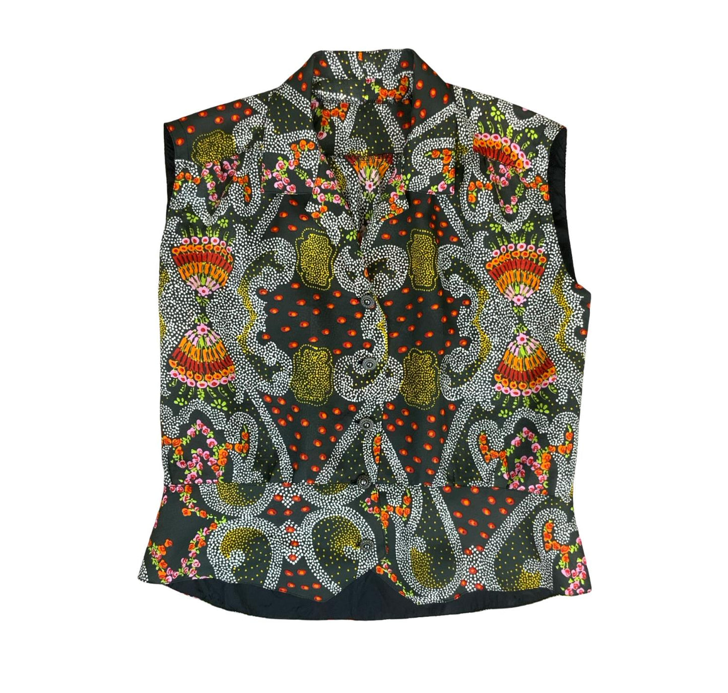 VTG 70s BLACK RED YELLOW FLORAL GEOMETRIC PATTERN SLEEVELESS PEPLUM BLOUSE M 14