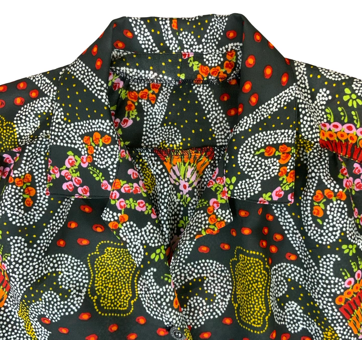 VTG 70s BLACK RED YELLOW FLORAL GEOMETRIC PATTERN SLEEVELESS PEPLUM BLOUSE M 14