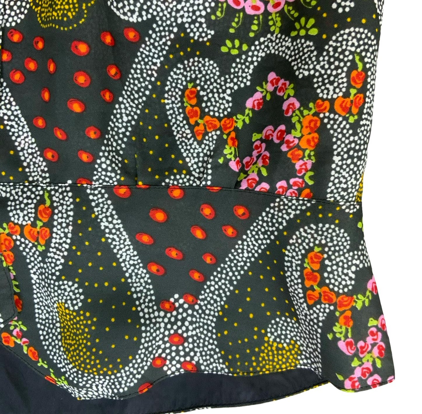 VTG 70s BLACK RED YELLOW FLORAL GEOMETRIC PATTERN SLEEVELESS PEPLUM BLOUSE M 14