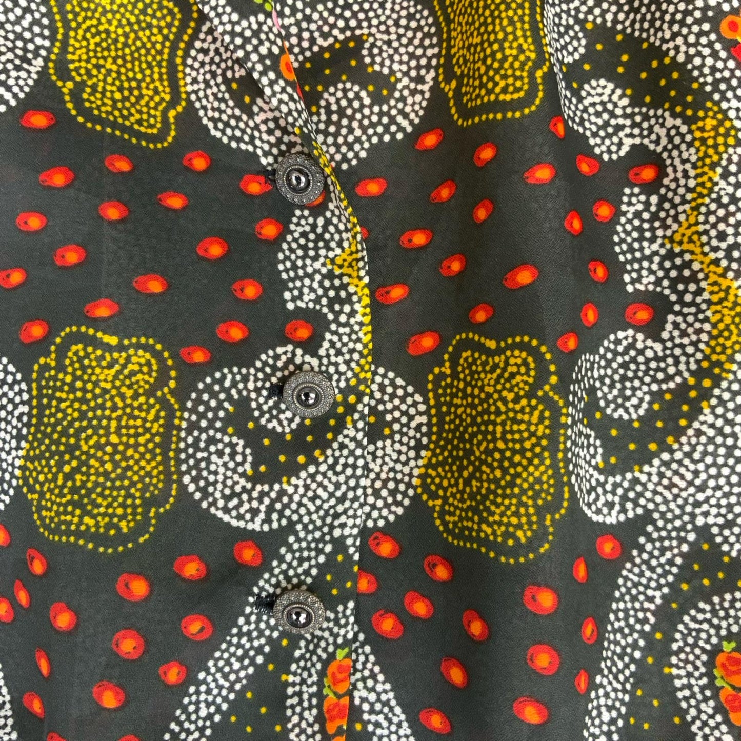 VTG 70s BLACK RED YELLOW FLORAL GEOMETRIC PATTERN SLEEVELESS PEPLUM BLOUSE M 14