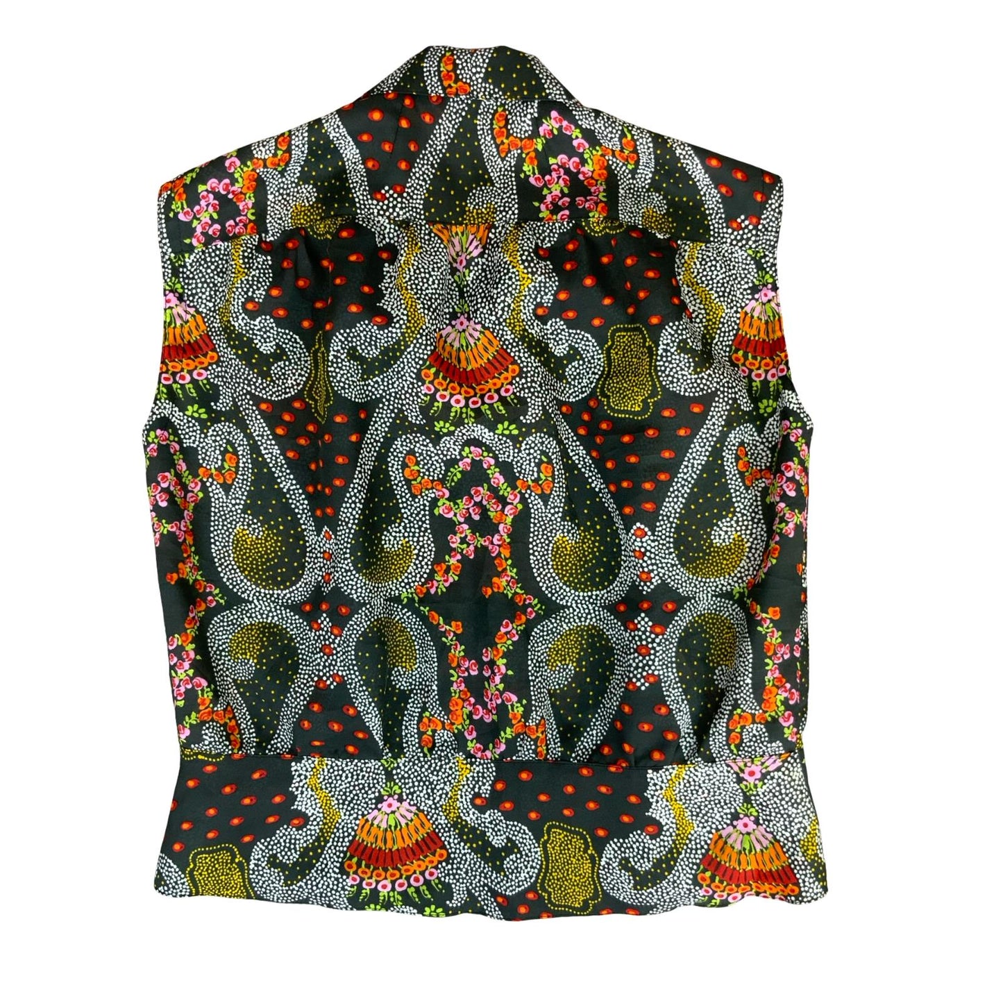 VTG 70s BLACK RED YELLOW FLORAL GEOMETRIC PATTERN SLEEVELESS PEPLUM BLOUSE M 14