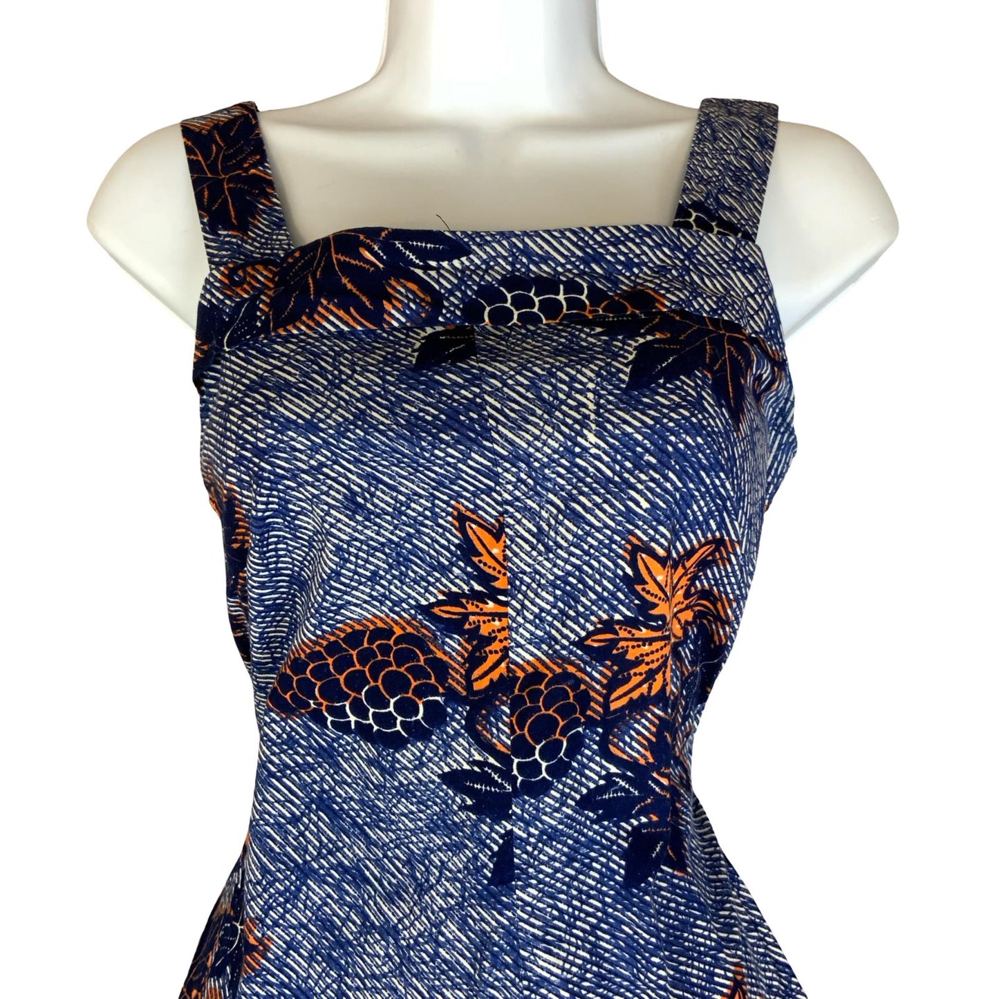 VTG BLUE WHITE ORANGE GRAPE SLEEVELESS MINI SUMMER BEACH HOLIDAY DRESS S 8