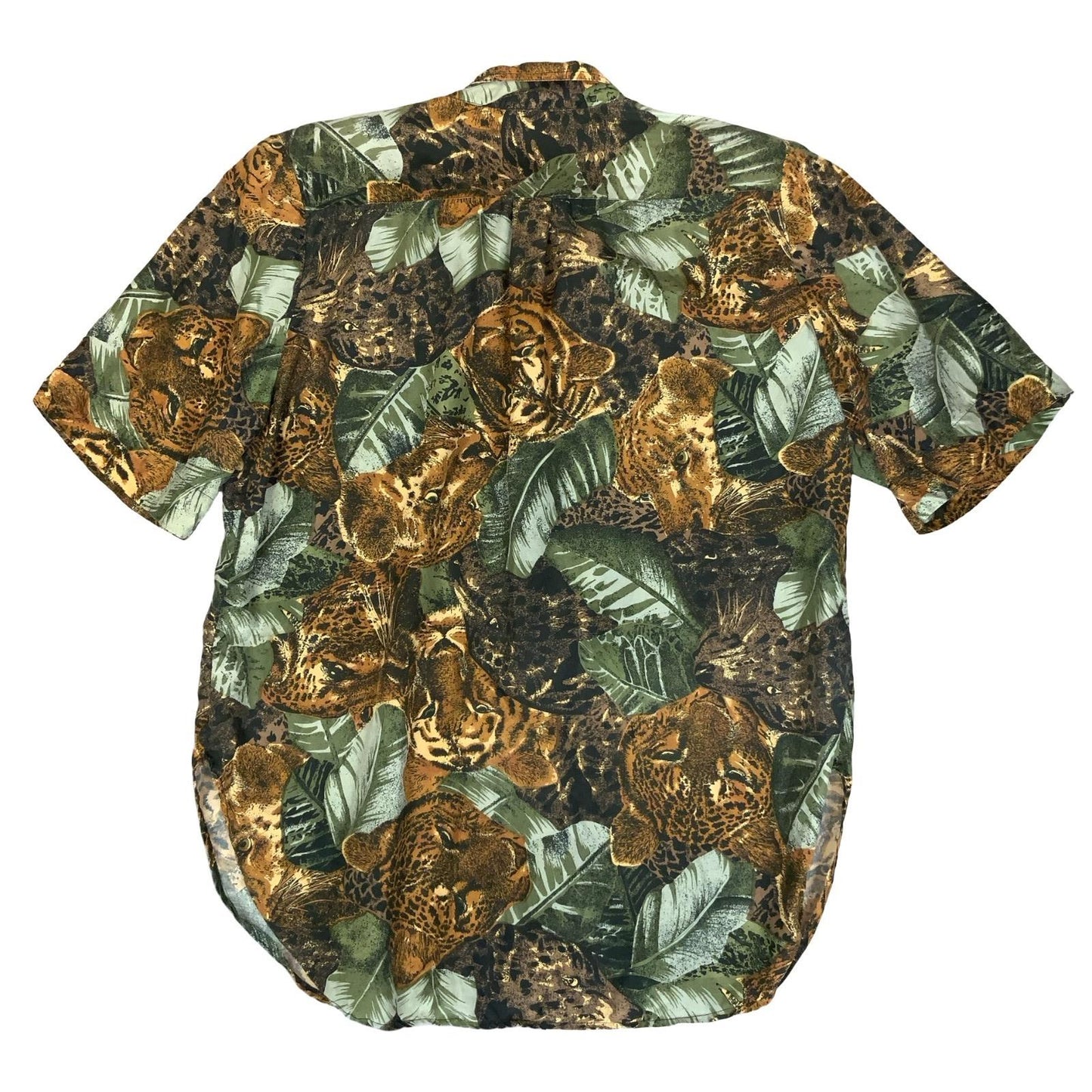 VTG BROWN GREEN JUNGLE ANIMAL TIGER SAFARI SHORT SLEEVED SILK BLOUSE UK16