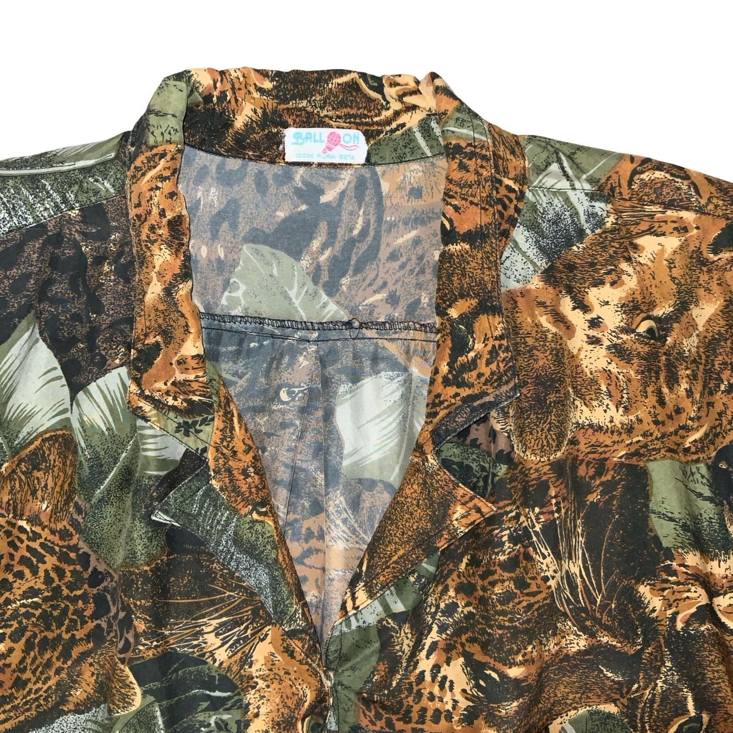 VTG BROWN GREEN JUNGLE ANIMAL TIGER SAFARI SHORT SLEEVED SILK BLOUSE UK16