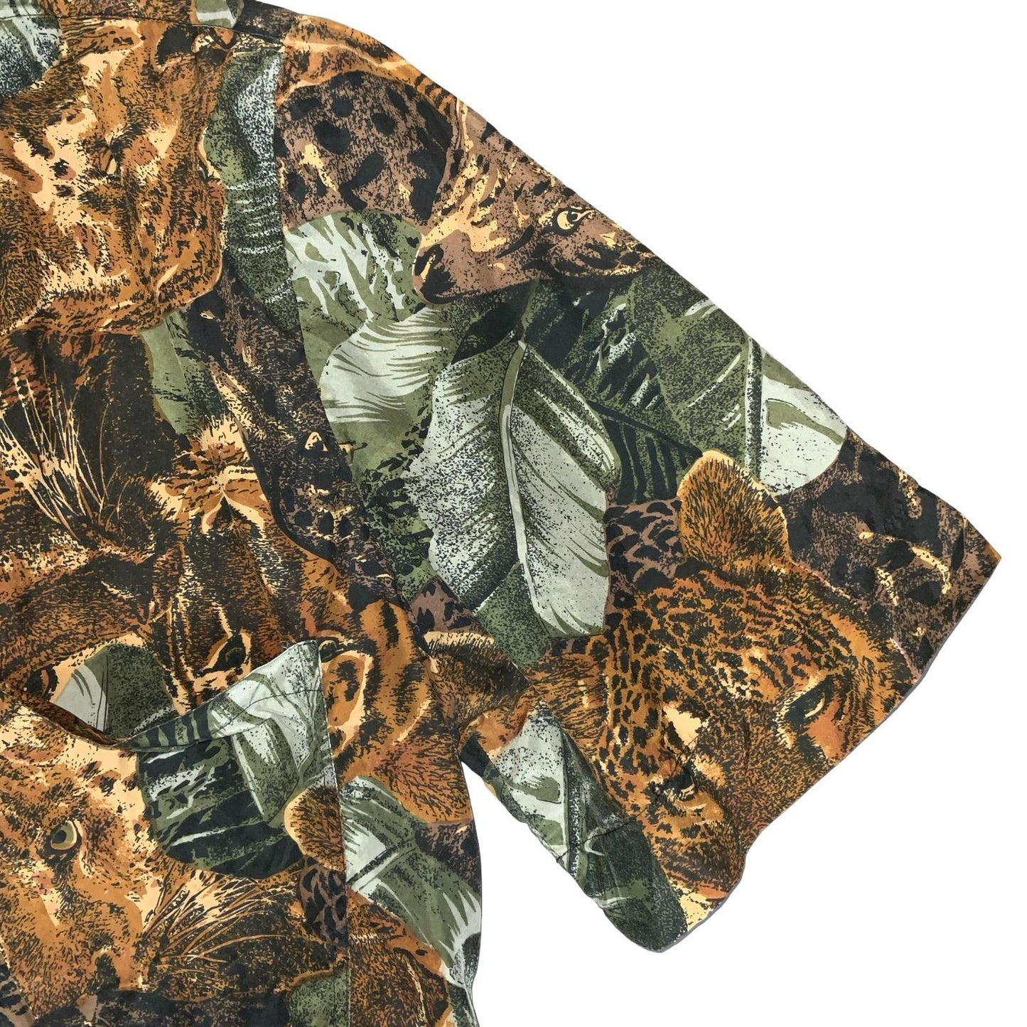 VTG BROWN GREEN JUNGLE ANIMAL TIGER SAFARI SHORT SLEEVED SILK BLOUSE UK16