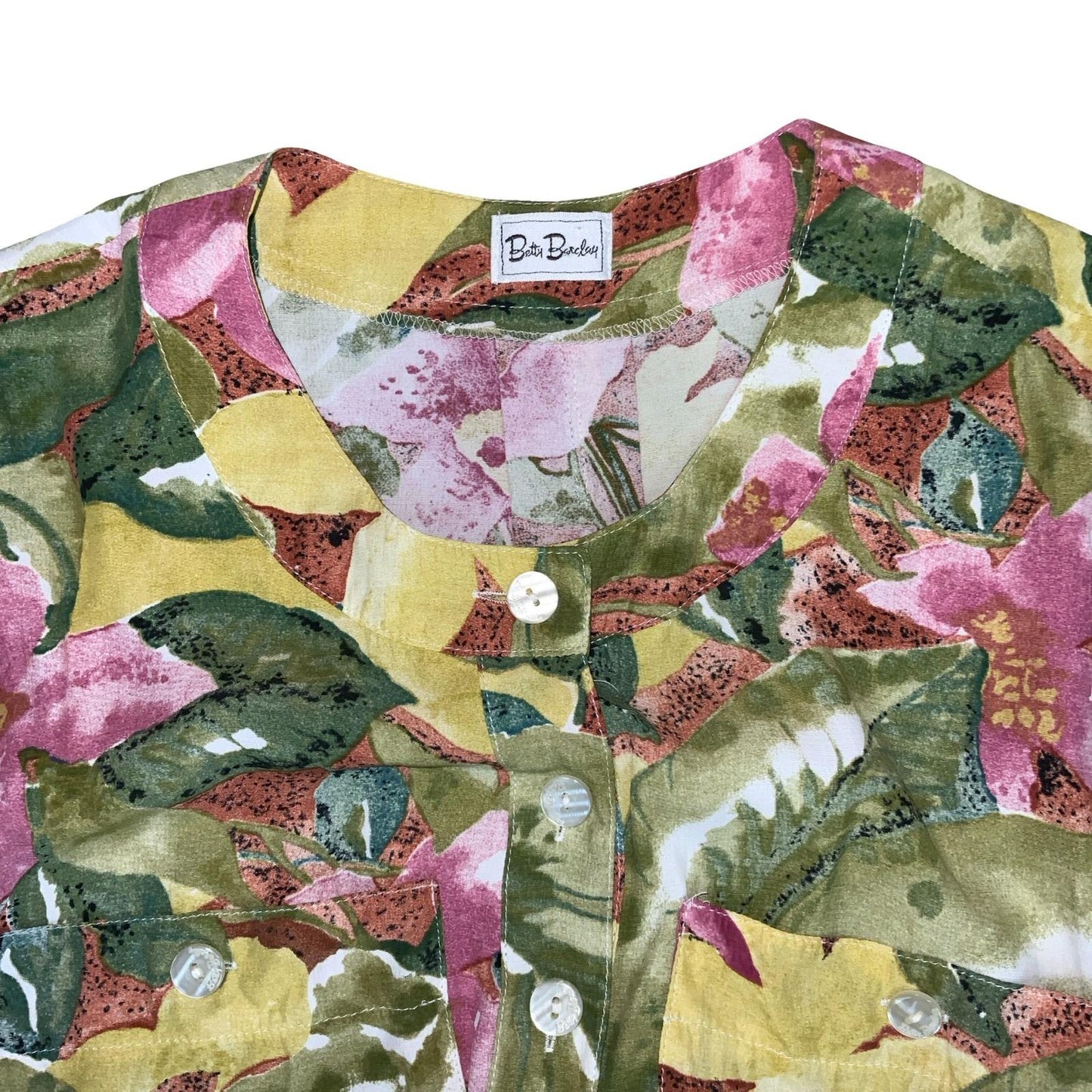 VTG 'BETTY BARCLAY' GREEN PINK FLORAL SLEEVELESS SUMMER TIE WAIST BLOUSE 14/16