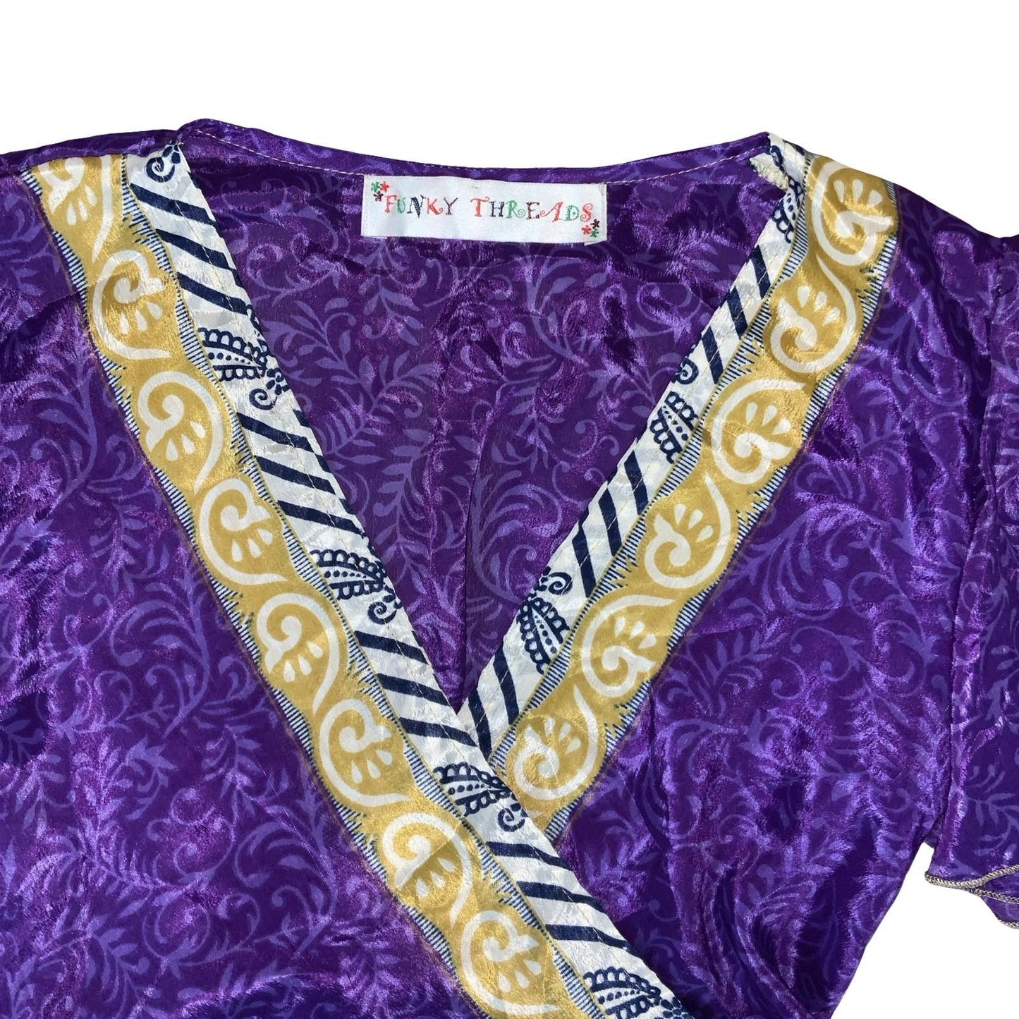 'FUNKY THREADS' PURPLE GOLD PAISLEY CROPPED INDIAN BOHO HIPPIE WRAP BLOUSE S 8