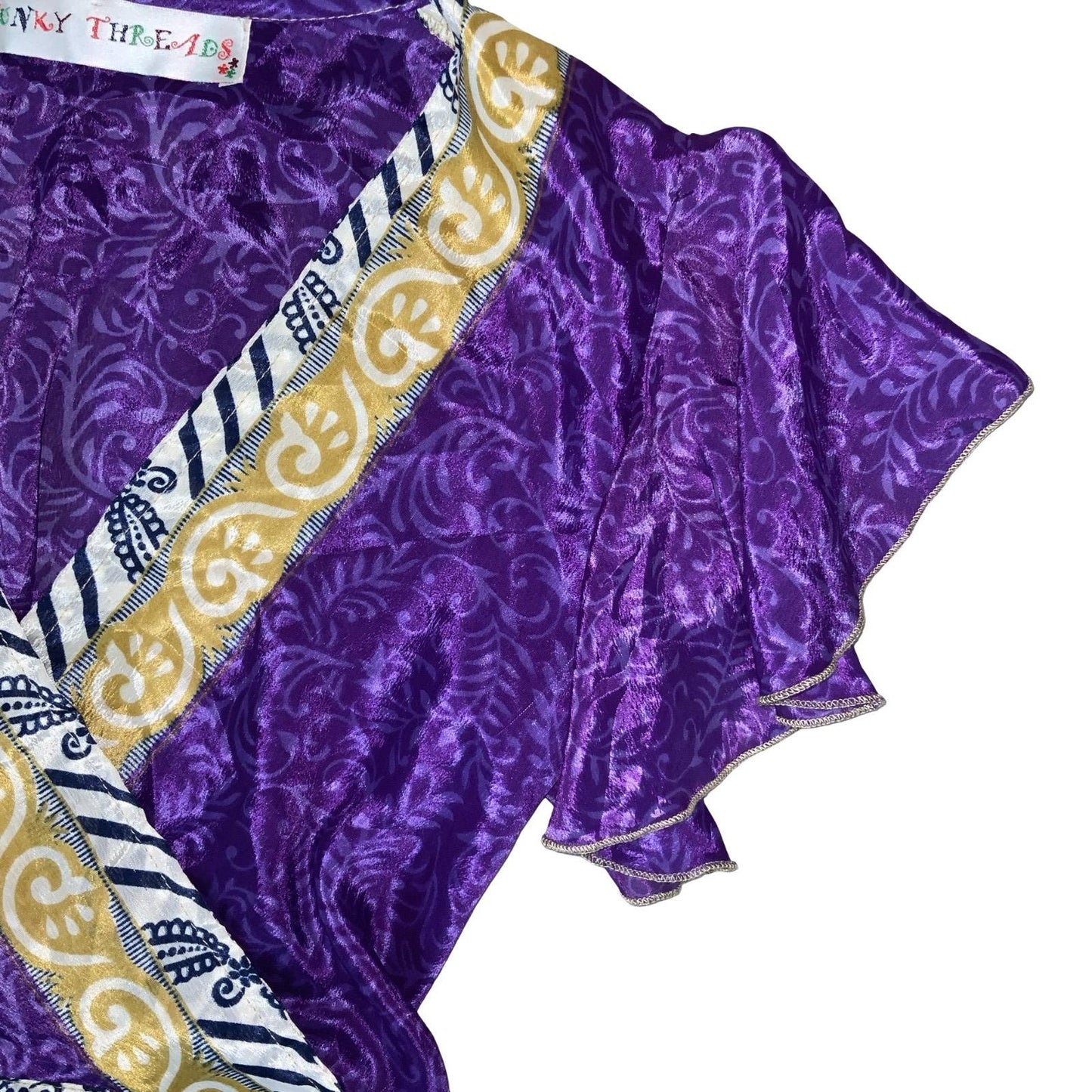 'FUNKY THREADS' PURPLE GOLD PAISLEY CROPPED INDIAN BOHO HIPPIE WRAP BLOUSE S 8
